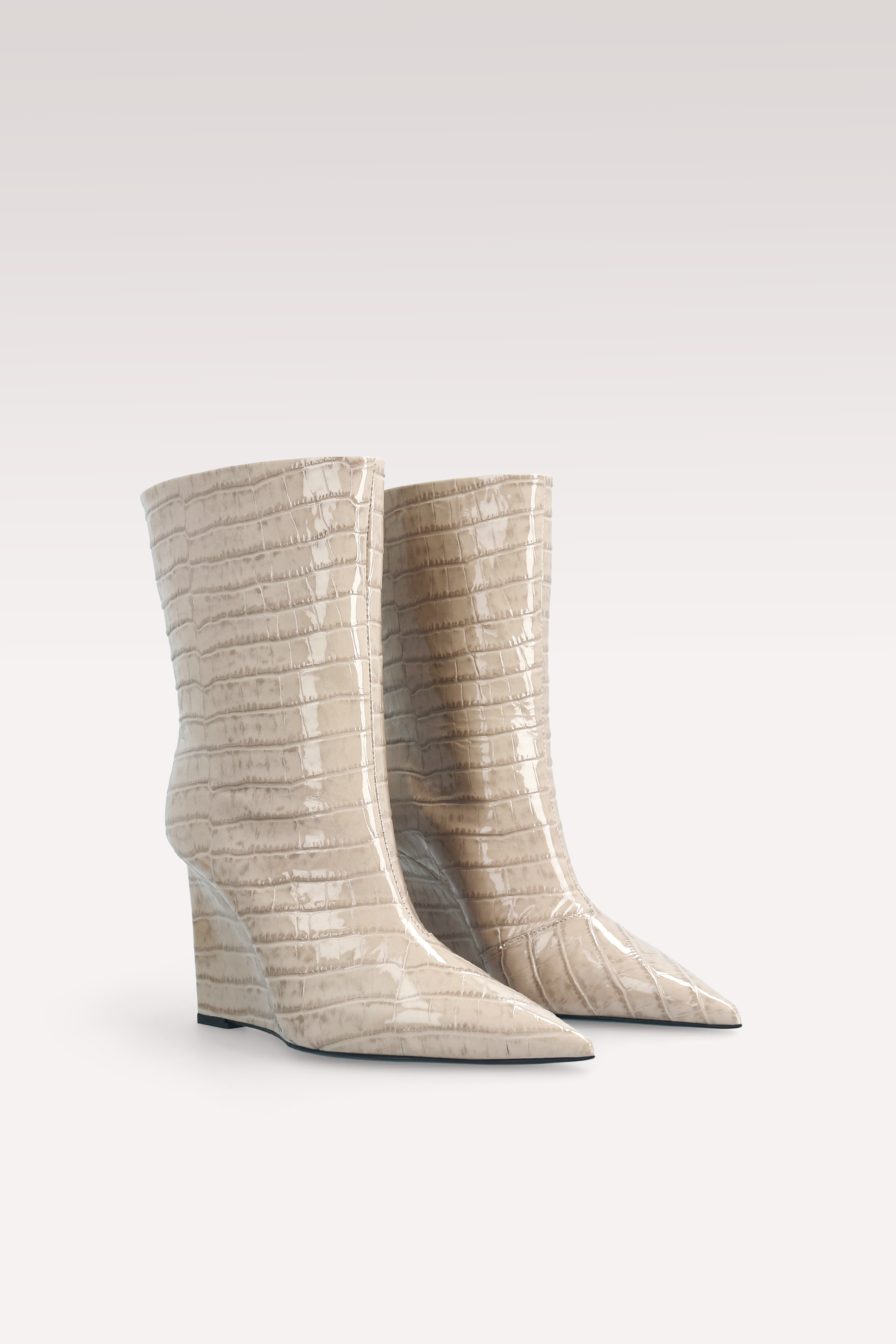 ZEUDI 01 BEIGE PATENT CROCO EMBOSSED LEATHER EDGE HEEL ANKLE BOOTS