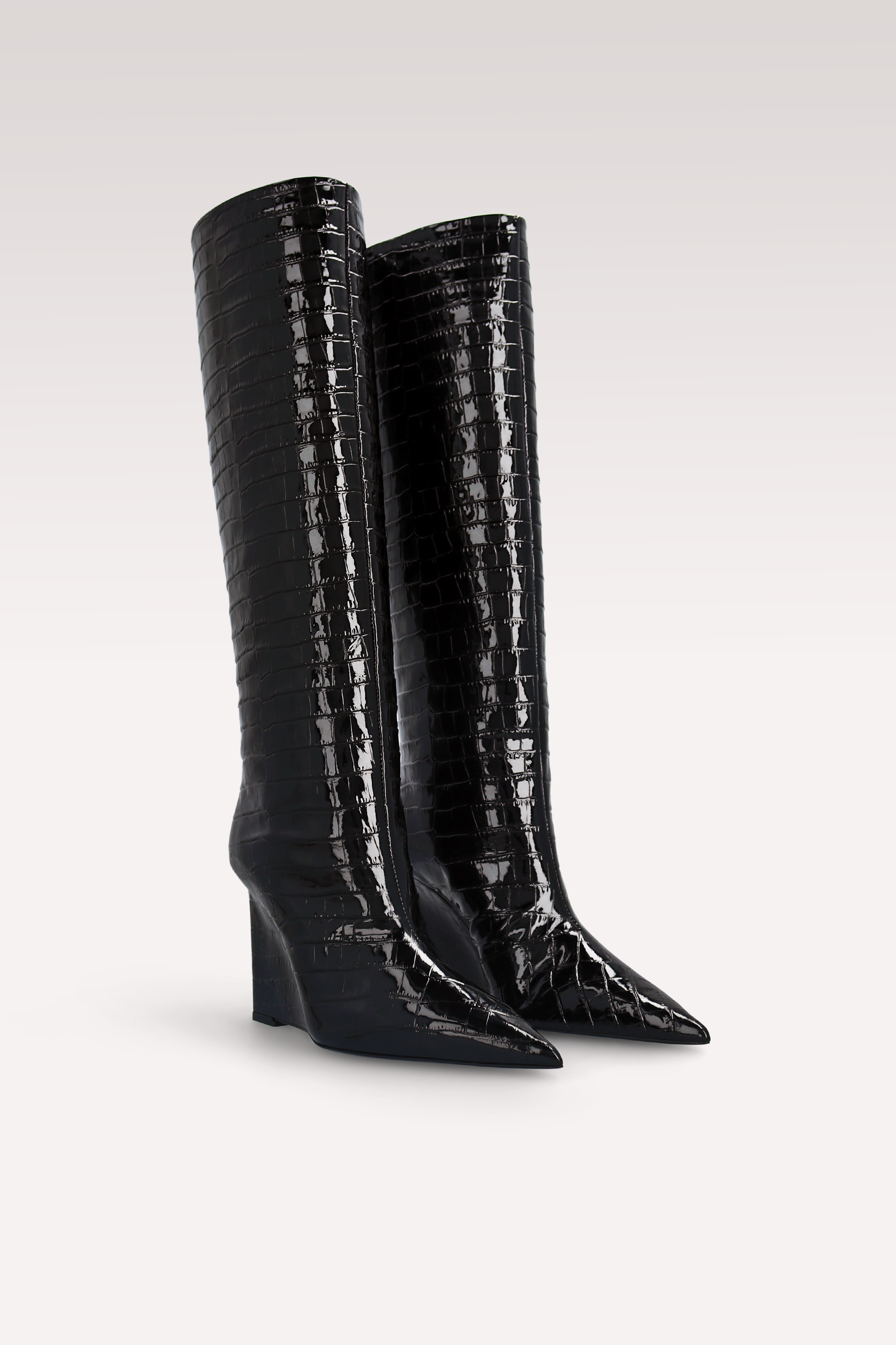 ZEUDI 02 BLACK PATENT CROCO EMBOSSED LEATHER EDGE HEEL BOOTS