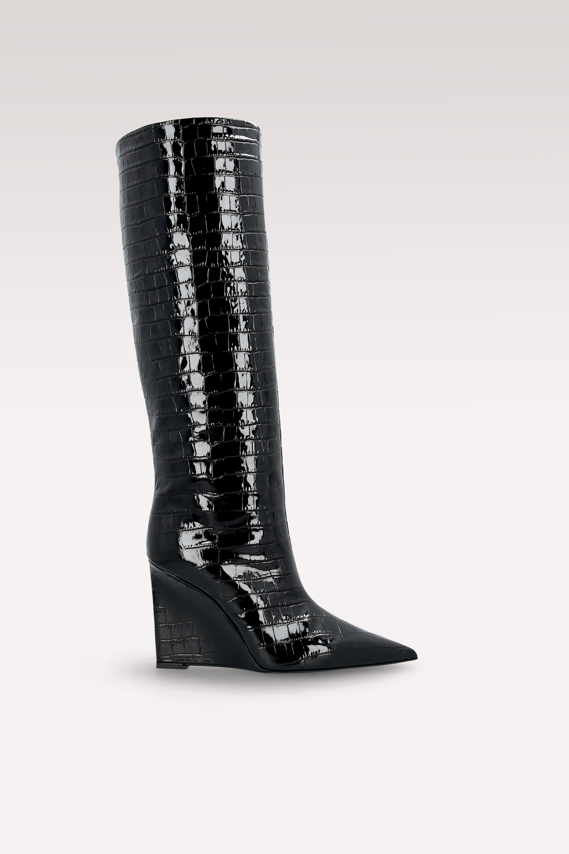 ZEUDI 02 BLACK PATENT CROCO EMBOSSED LEATHER EDGE HEEL BOOTS