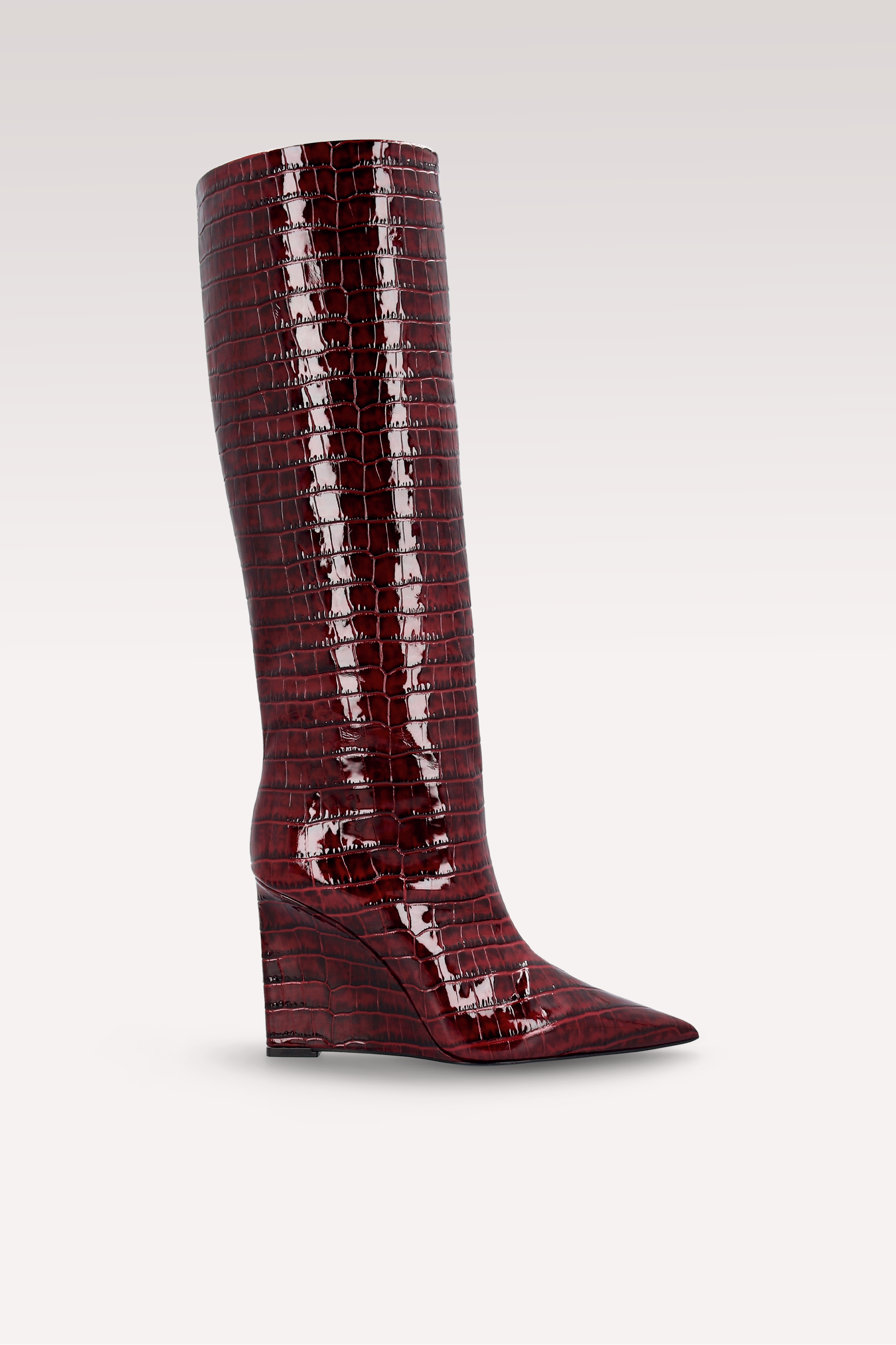 ZEUDI 02 BURGUNDY PATENT CROCO EMBOSSED LEATHER EDGE HEEL BOOTS