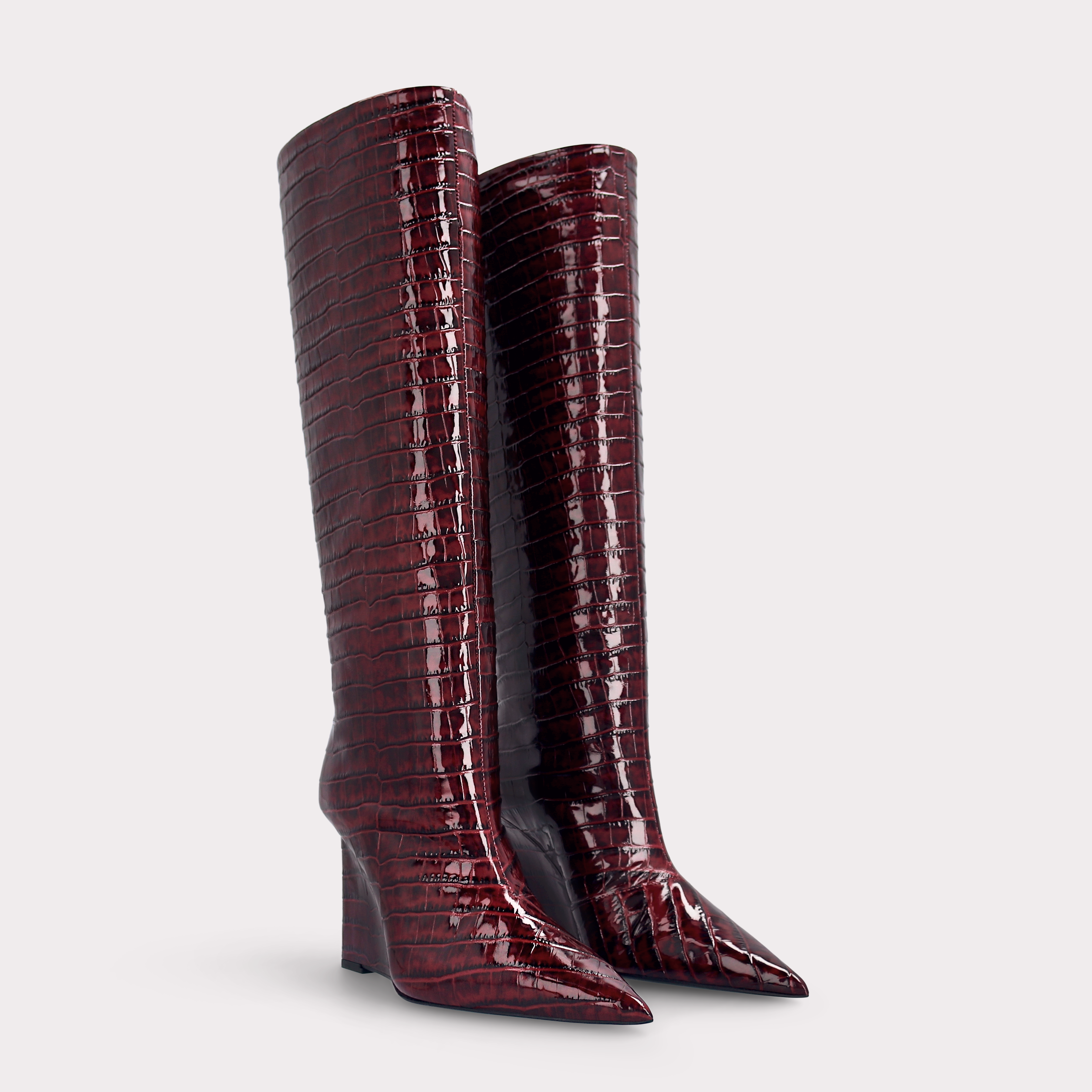 ZEUDI 02 BURGUNDY PATENT CROCO EMBOSSED LEATHER EDGE HEEL BOOTS