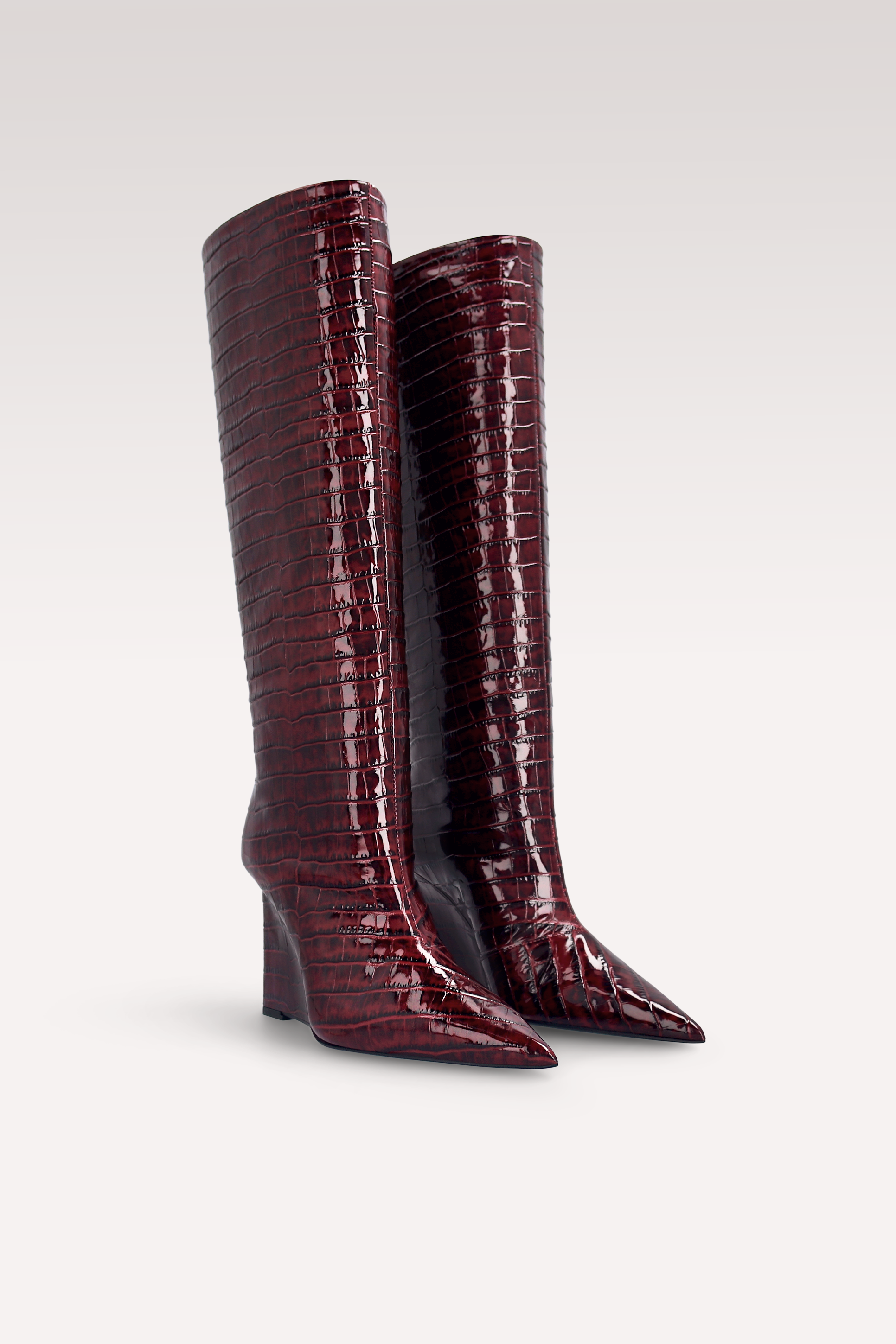 ZEUDI 02 BURGUNDY PATENT CROCO EMBOSSED LEATHER EDGE HEEL BOOTS