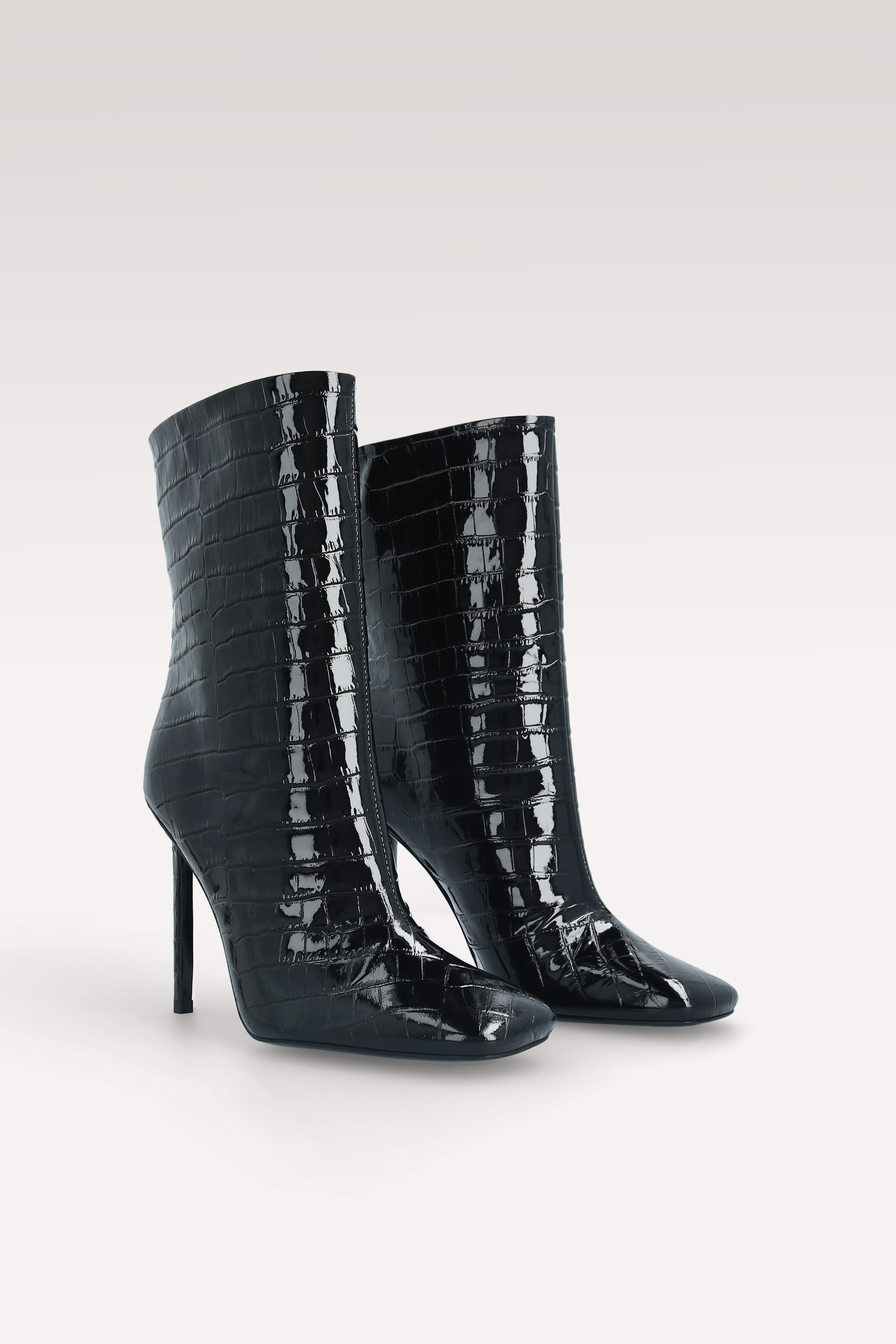 GINEVRA 01 BLACK PATENT CROCO EMBOSSED LEATHER ANKLE BOOTS