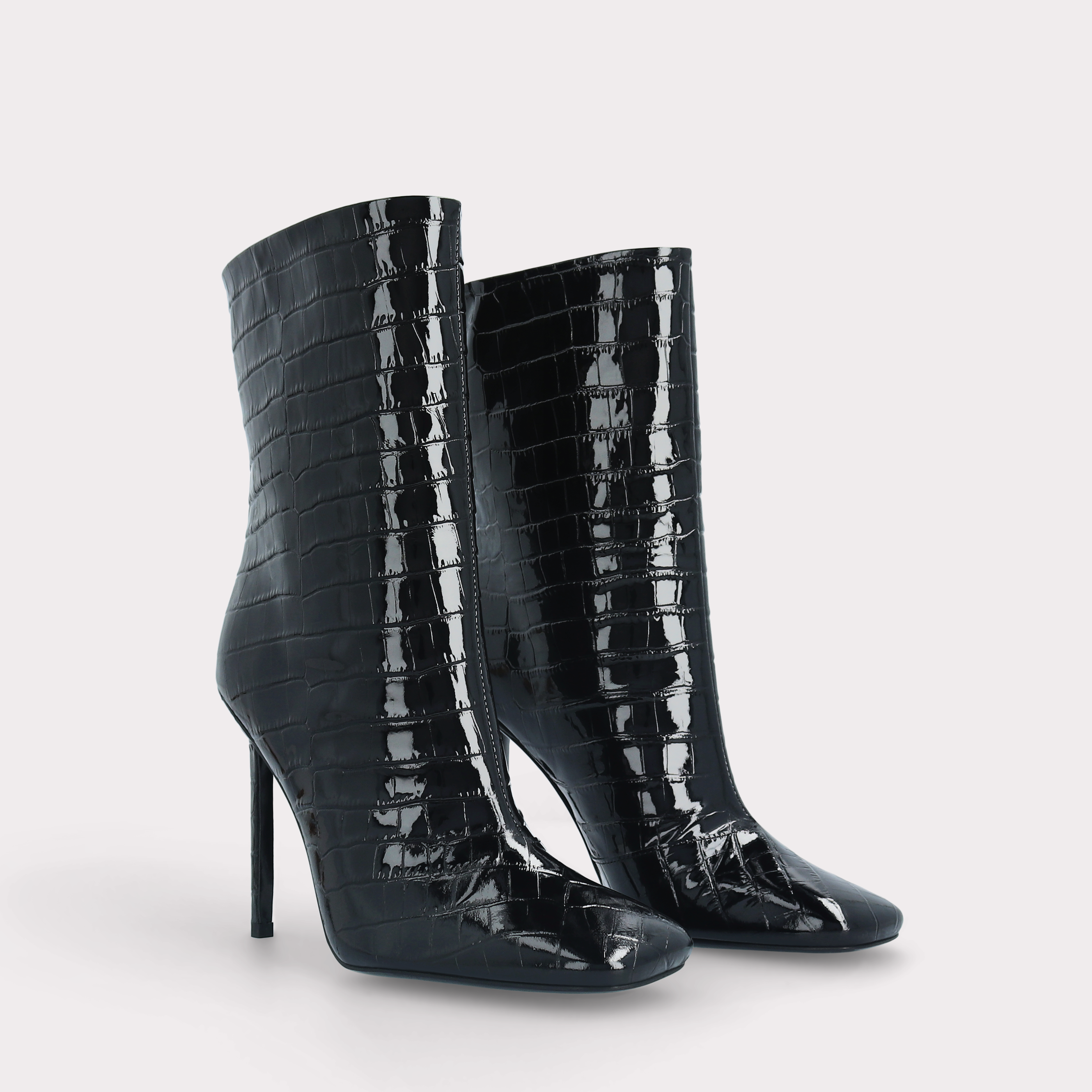 GINEVRA 01 BLACK PATENT CROCO EMBOSSED LEATHER ANKLE BOOTS