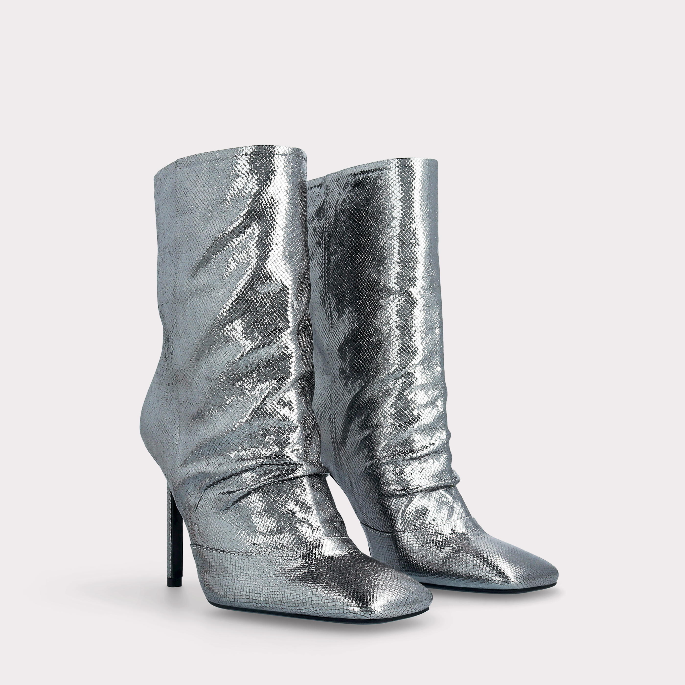 GINEVRA 03 DARK SILVER CRASH VIPER MIRROR EMBOSSED LEATHER ANKLE BOOTS