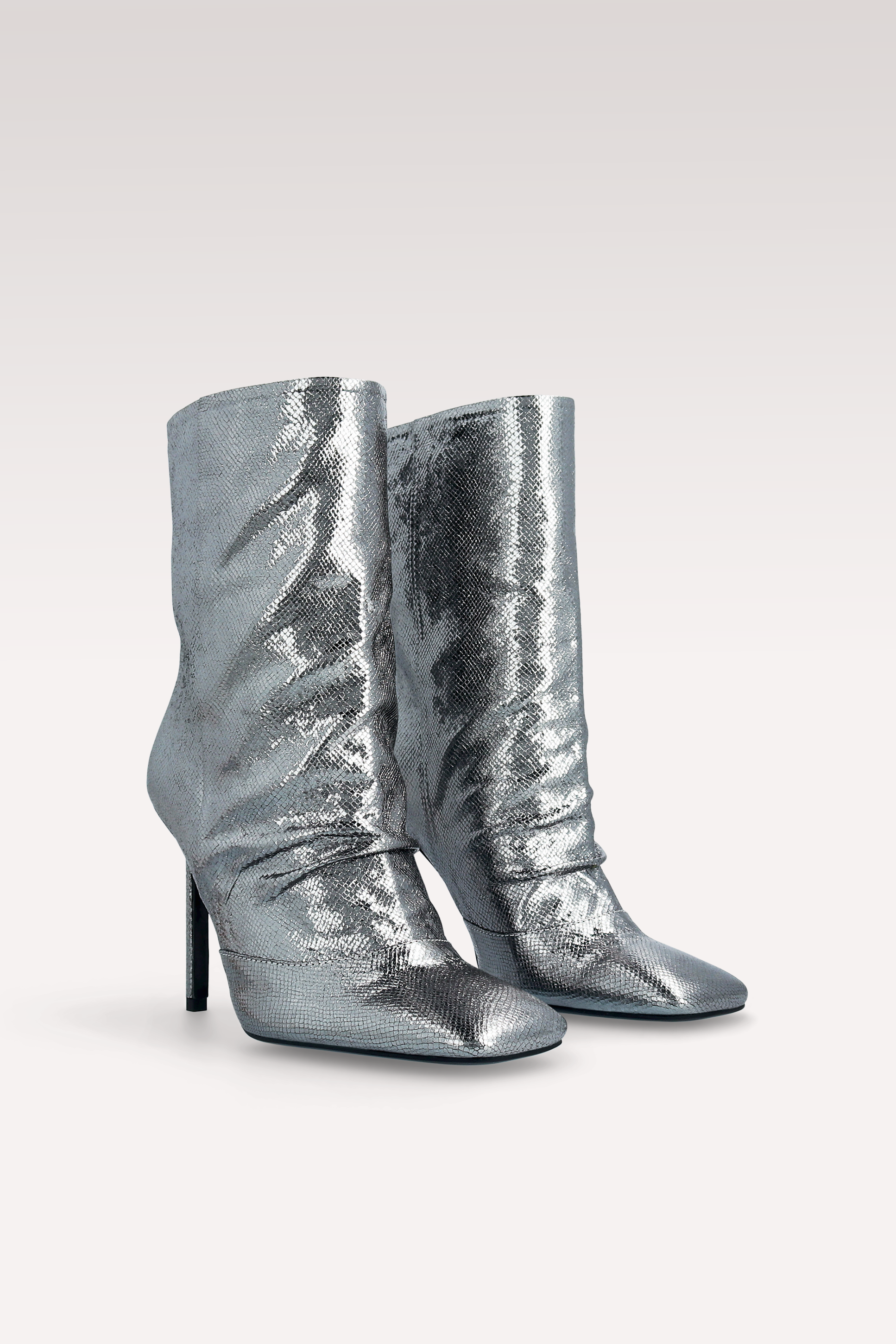GINEVRA 03 DARK SILVER CRASH VIPER MIRROR EMBOSSED LEATHER ANKLE BOOTS