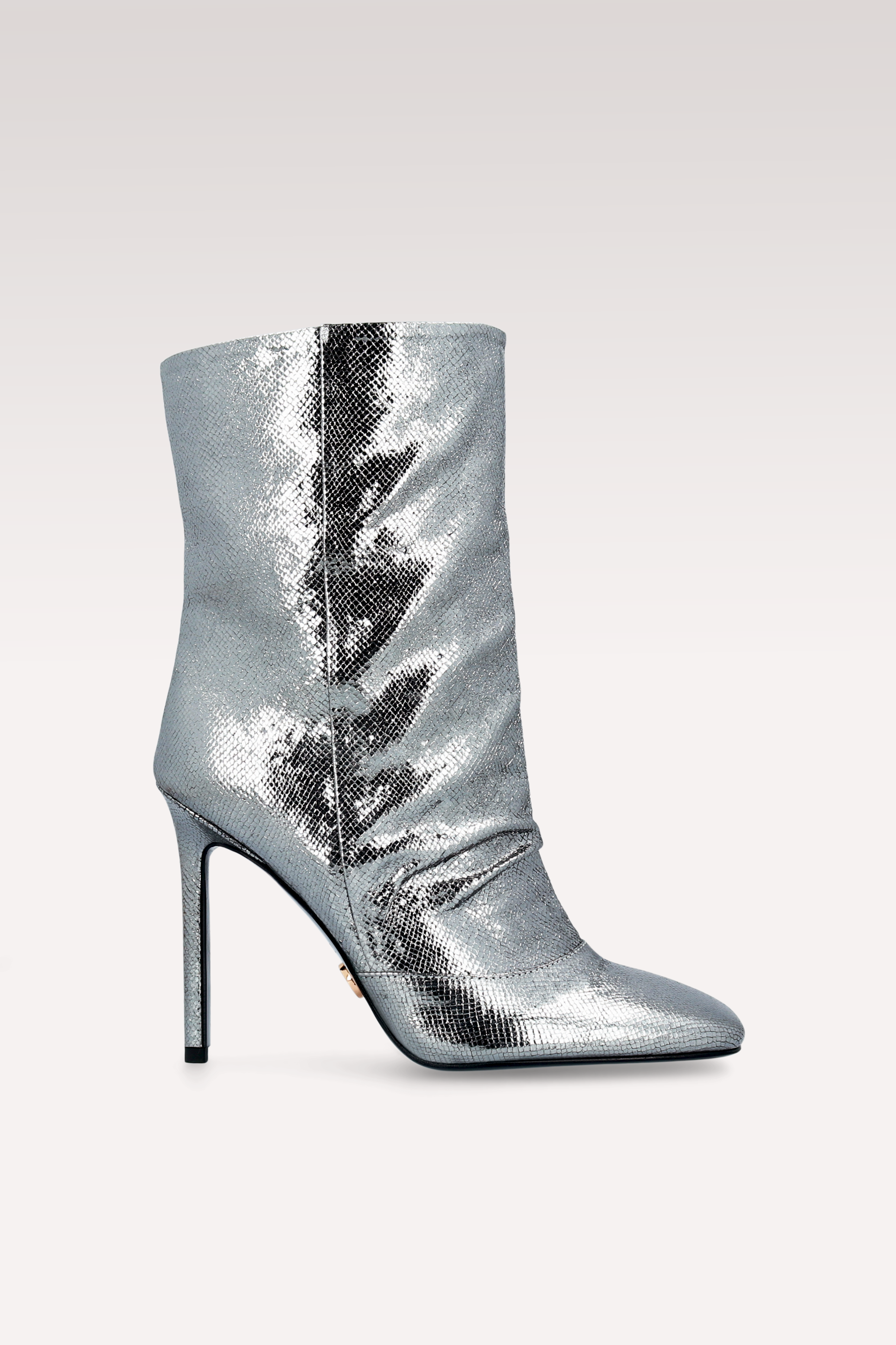 GINEVRA 03 DARK SILVER CRASH VIPER MIRROR EMBOSSED LEATHER ANKLE BOOTS