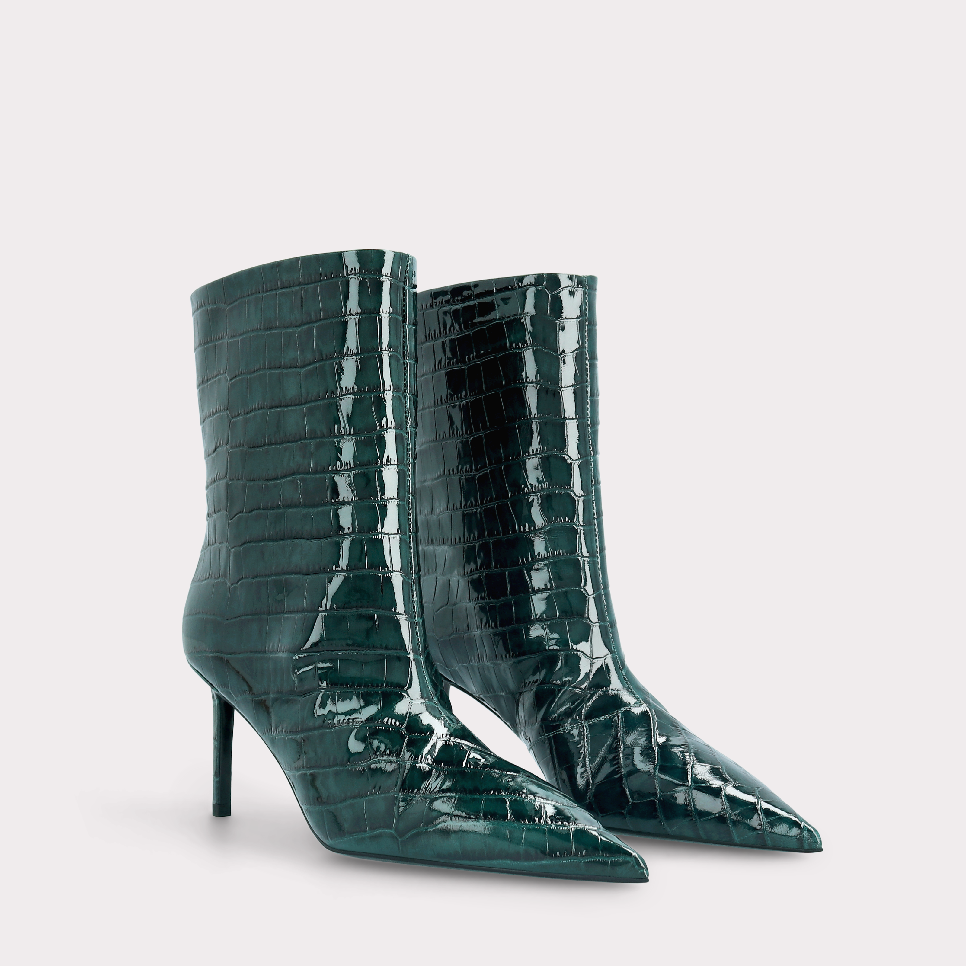 MIA 01 GREEN PATENT CROCO EMBOSSED LEATHER ANKLE BOOTS