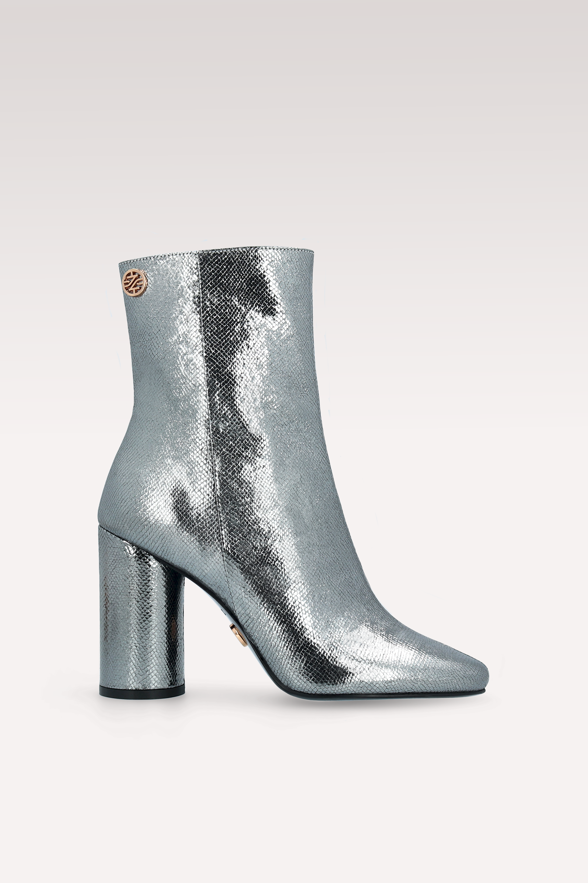 DAFNE 02 DARK SILVER CRASH VIPER MIRROR EMBOSSED LEATHER ANKLE BOOTS