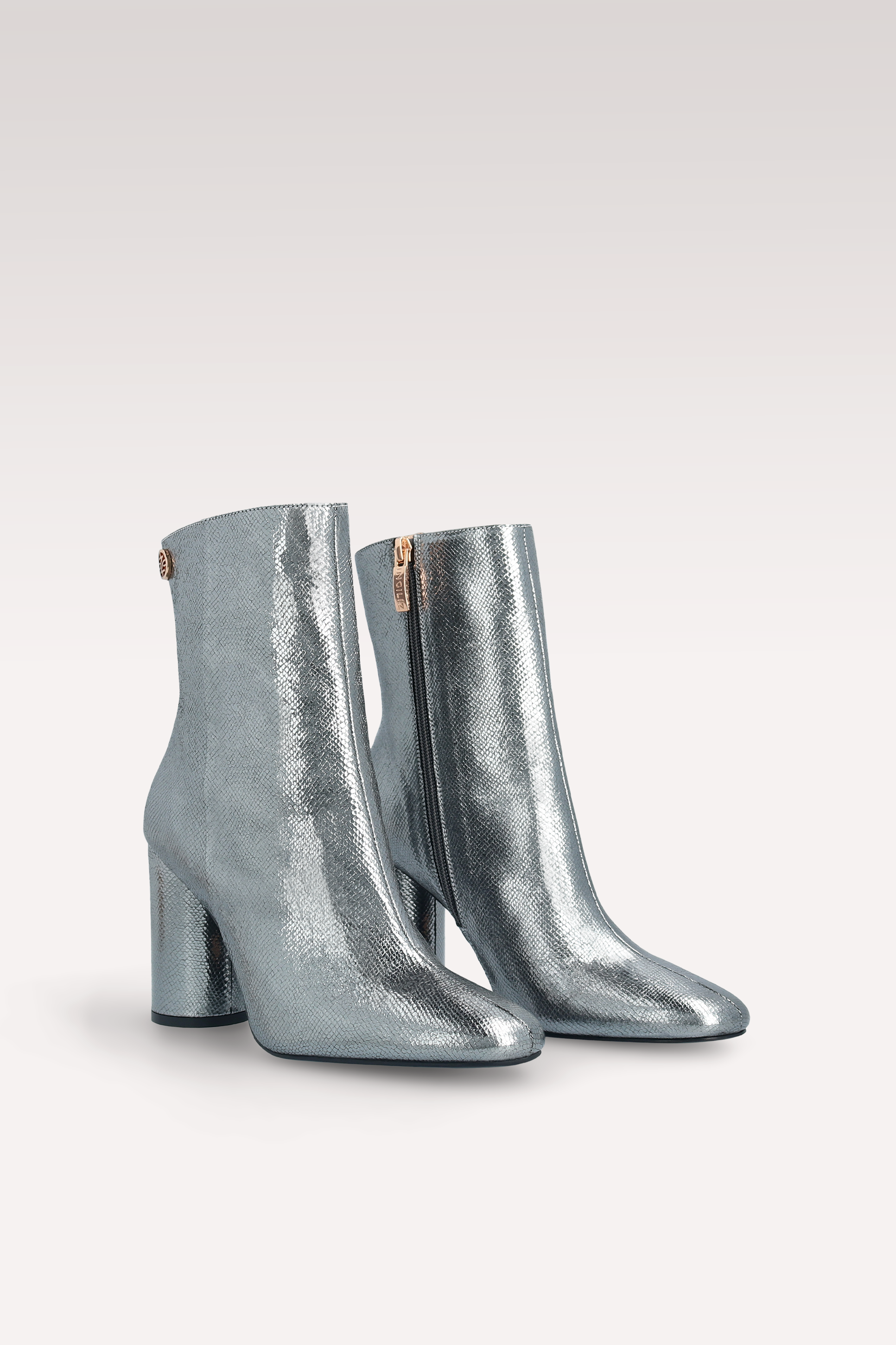 DAFNE 02 DARK SILVER CRASH VIPER MIRROR EMBOSSED LEATHER ANKLE BOOTS