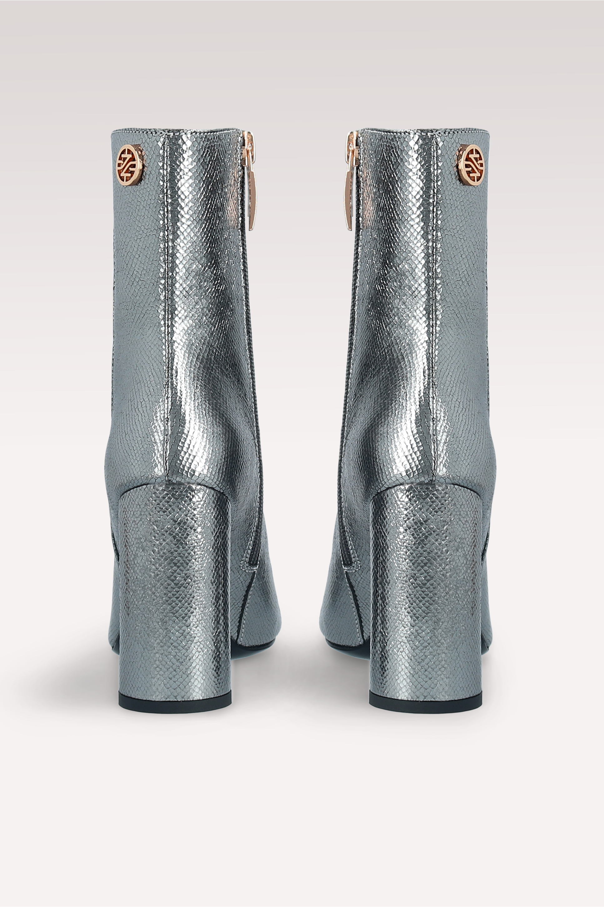 DAFNE 02 DARK SILVER CRASH VIPER MIRROR EMBOSSED LEATHER ANKLE BOOTS