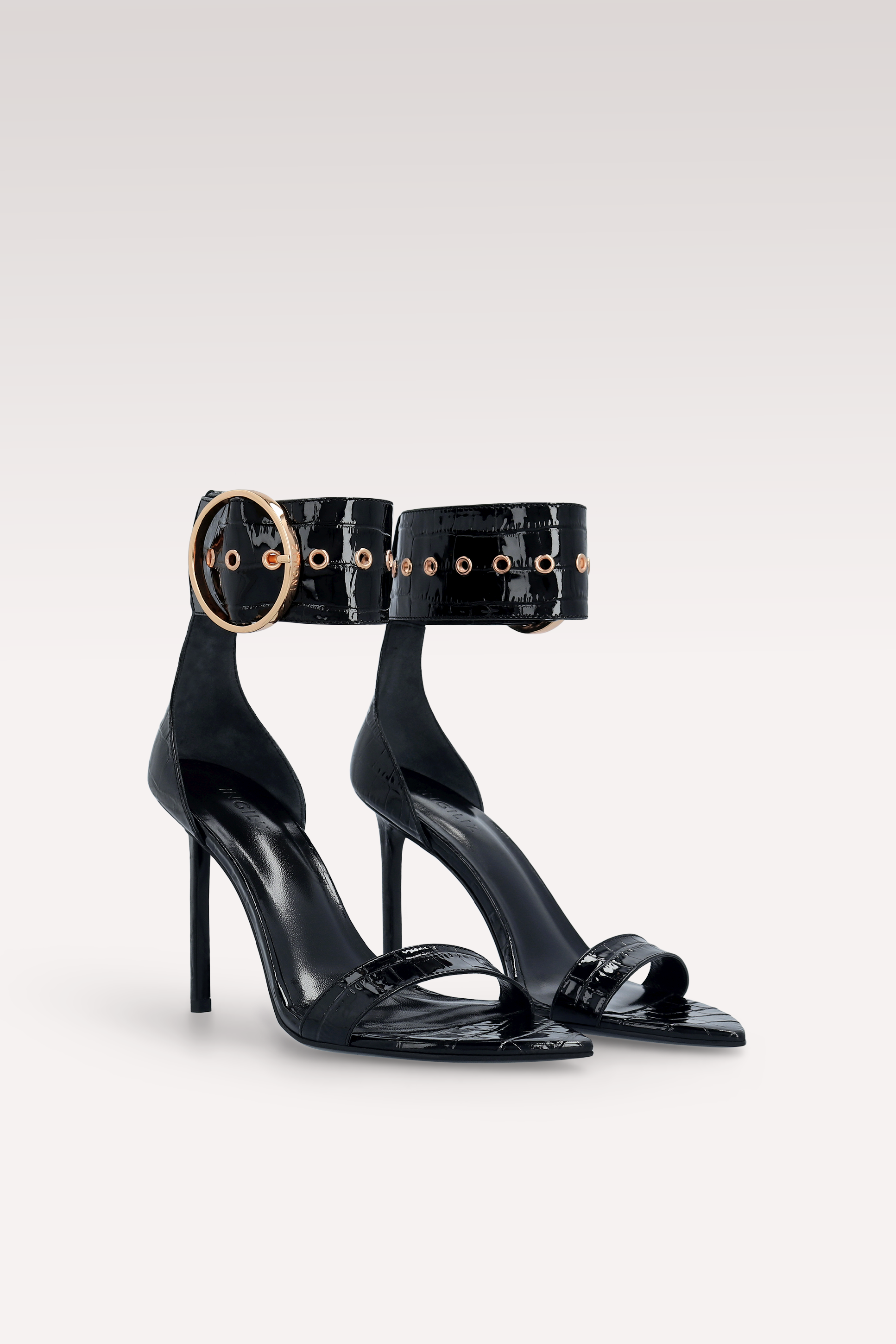 ADELE 01 BLACK PATENT CROCO EMBOSSED LEATHER SANDALS