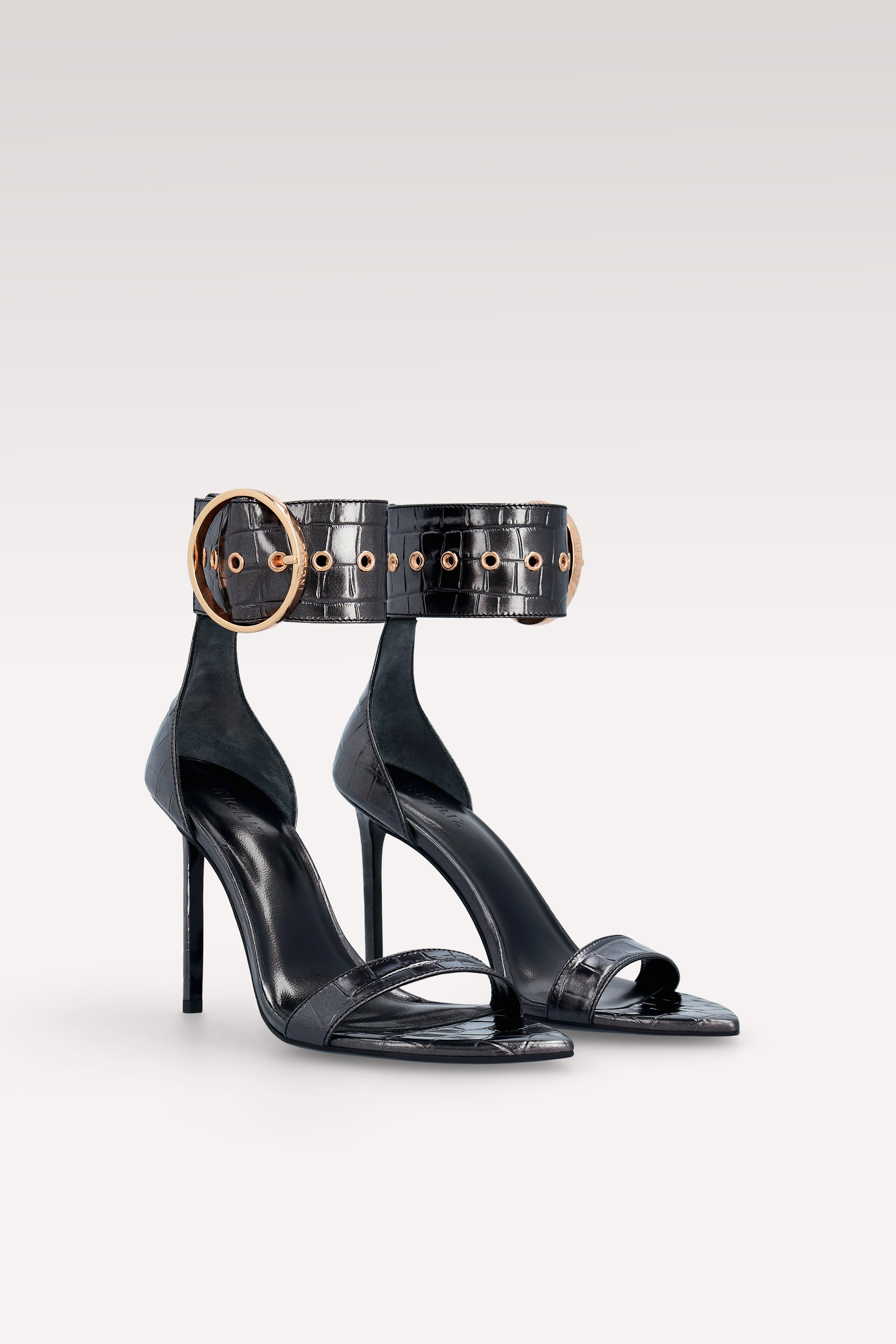 ADELE 01 GUNMETAL COLOR CROCO EMBOSSED LEATHER SANDALS