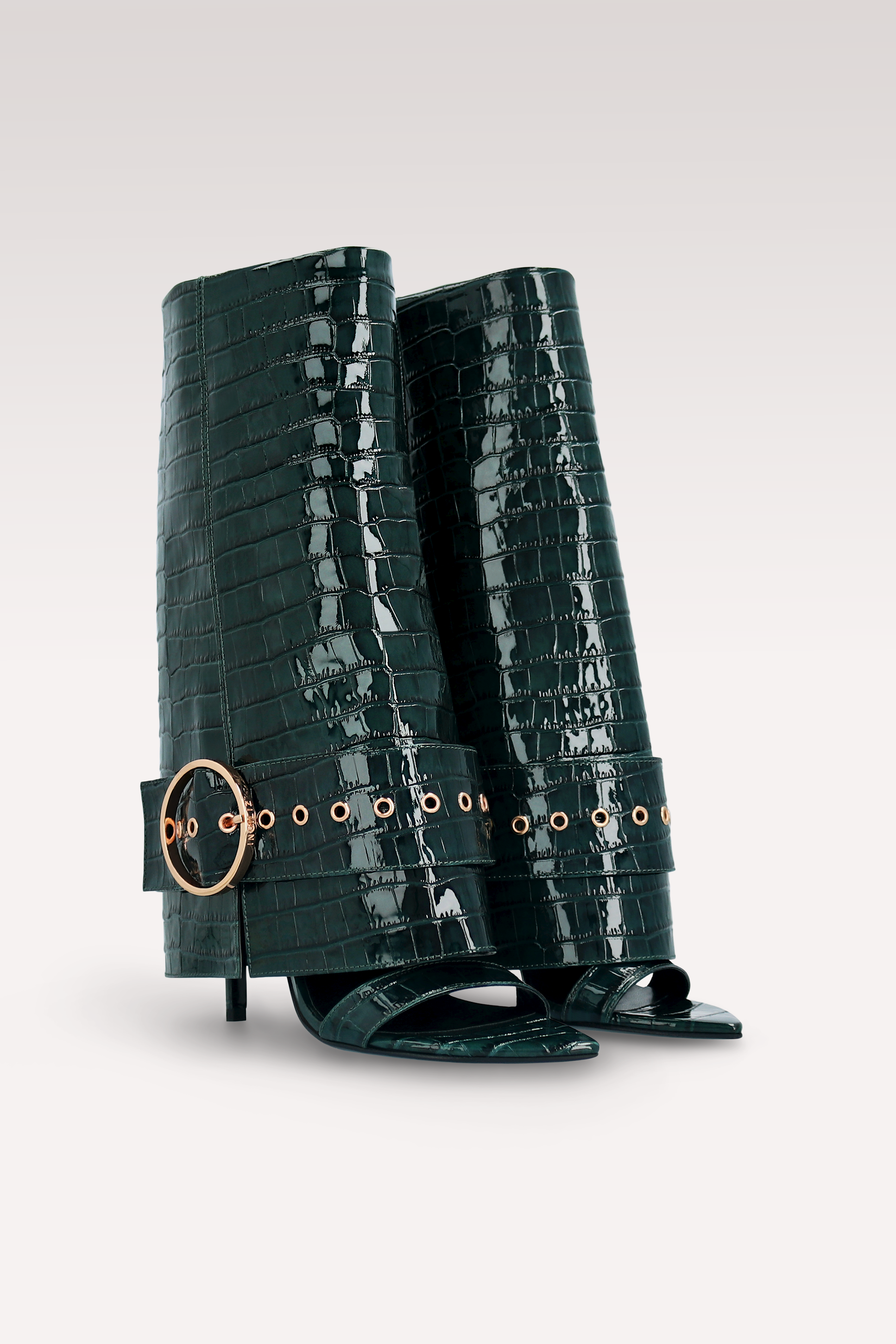 ADELE 02 GREEN PATENT CROCO EMBOSSED LEATHER SANDALS