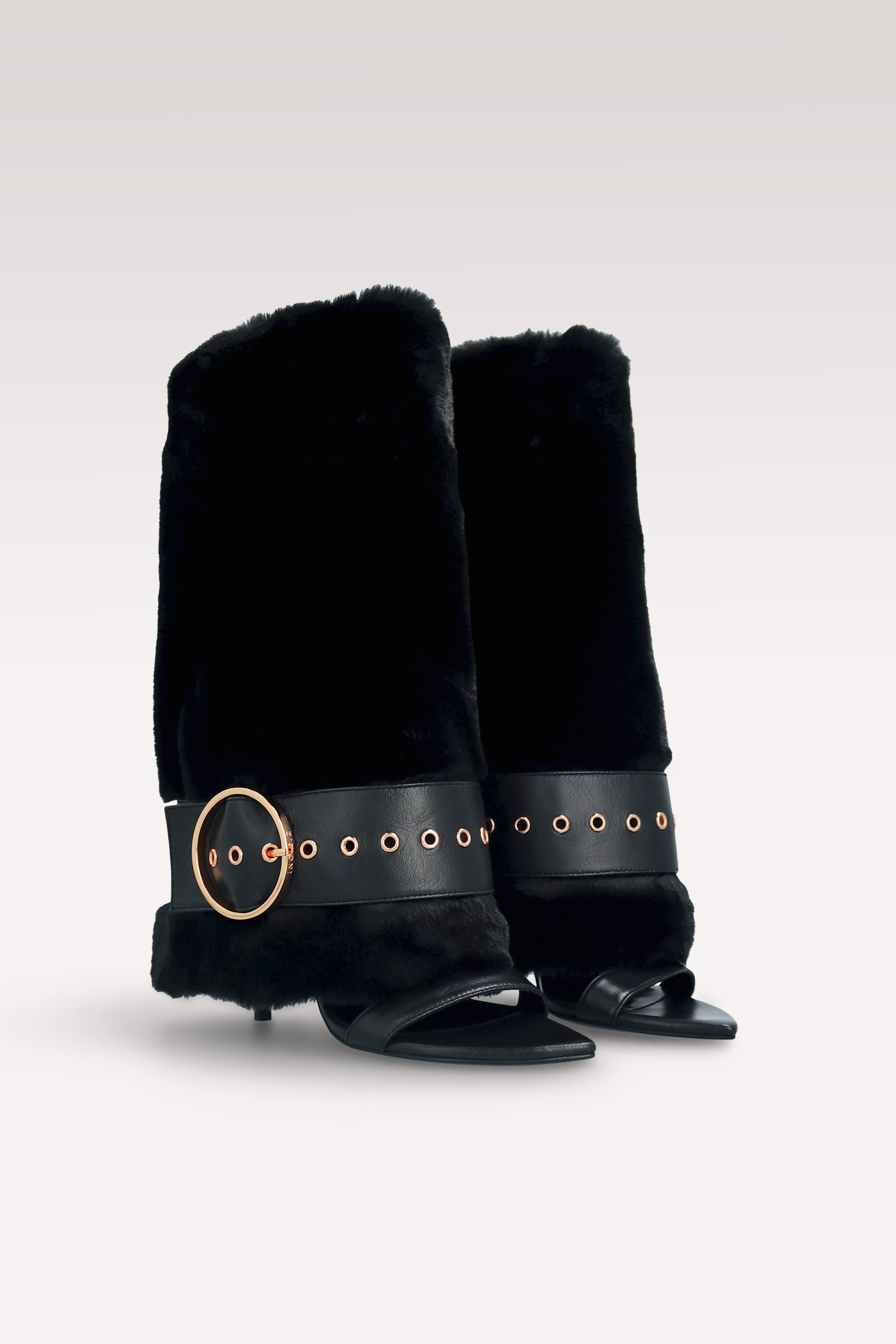 ADELE 03 BLACK FUR AND BLACK SMOOTH LEATHER SANDALS