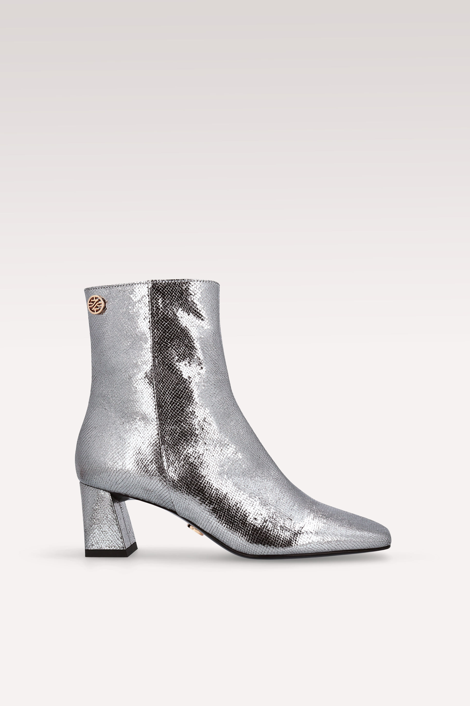 GENNY 02 DARK SILVER CRASH VIPER MIRROR EMBOSSED LEATHER ANKLE BOOTS
