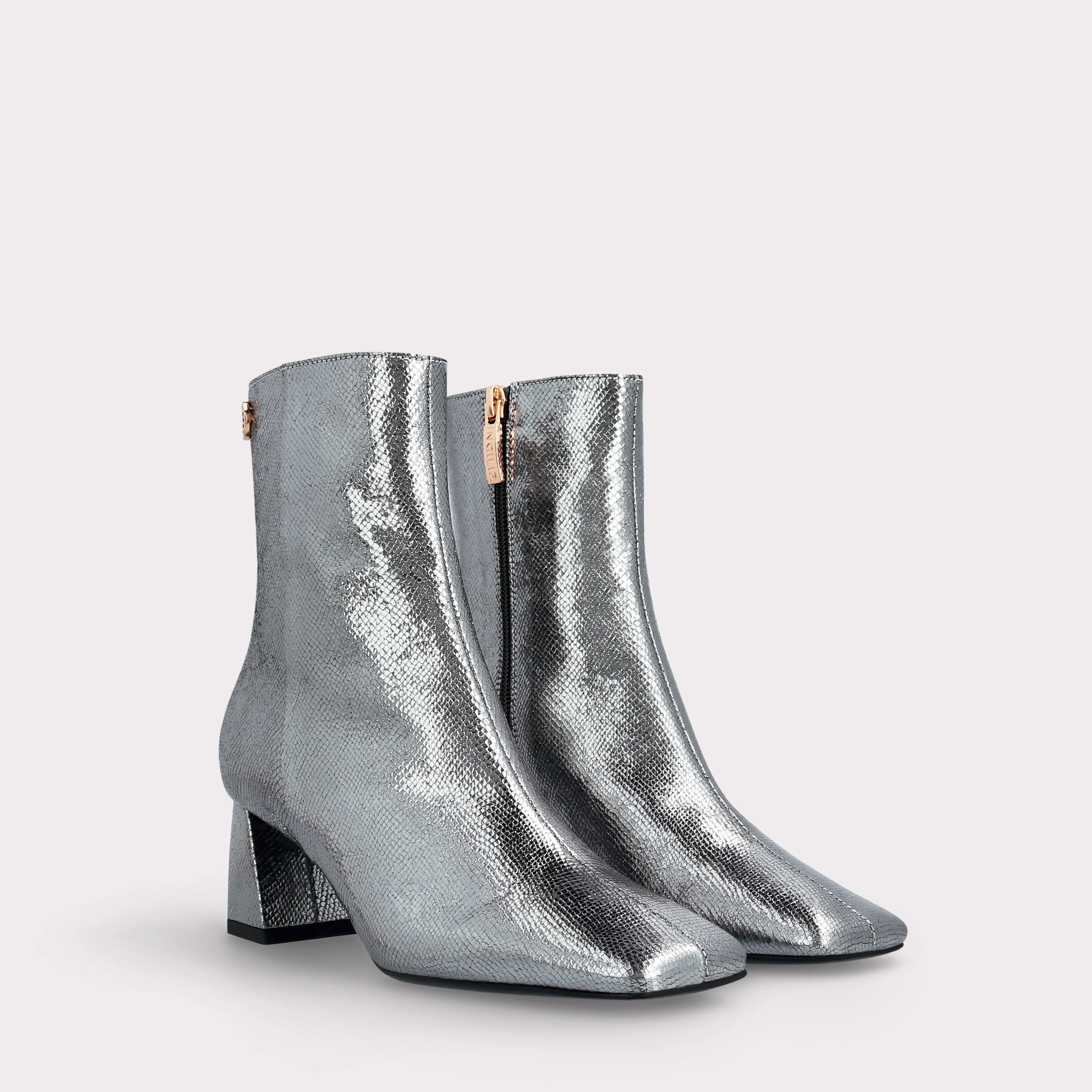 GENNY 02 DARK SILVER CRASH VIPER MIRROR EMBOSSED LEATHER ANKLE BOOTS