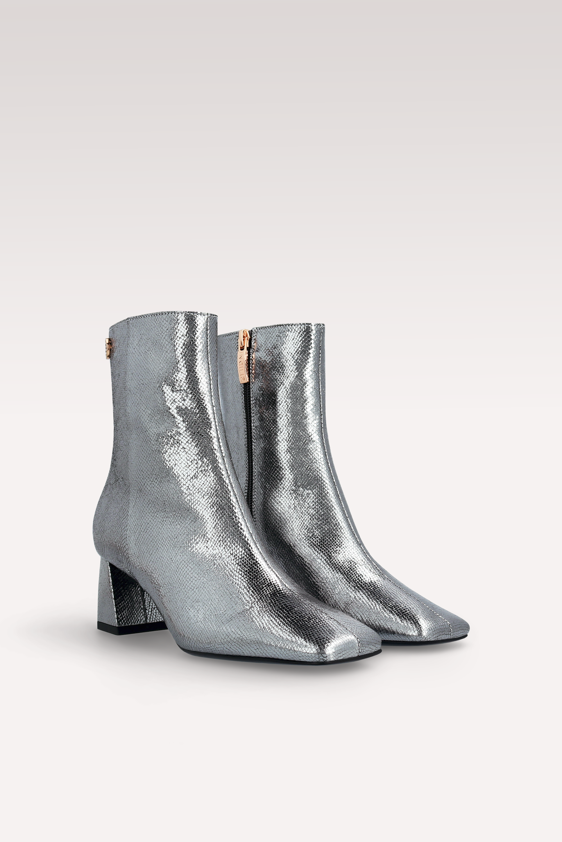 GENNY 02 DARK SILVER CRASH VIPER MIRROR EMBOSSED LEATHER ANKLE BOOTS