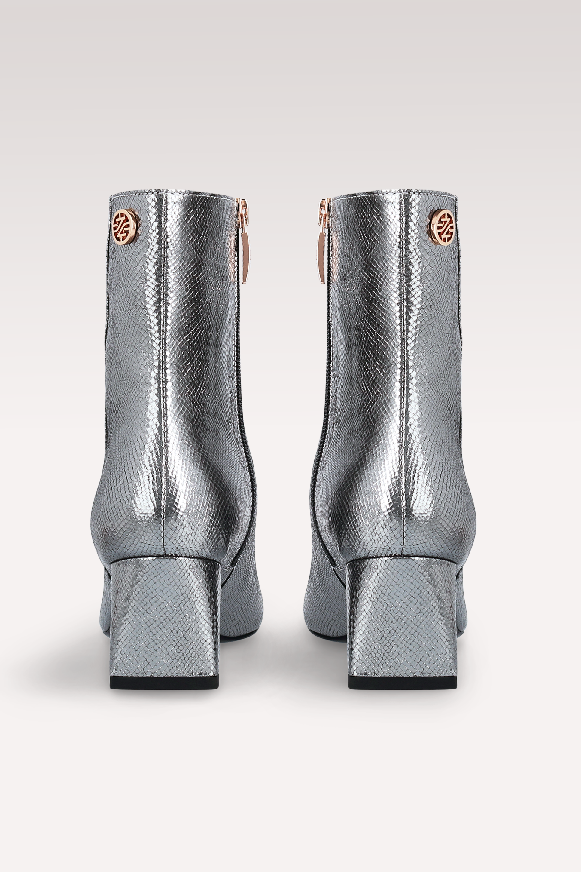 GENNY 02 DARK SILVER CRASH VIPER MIRROR EMBOSSED LEATHER ANKLE BOOTS