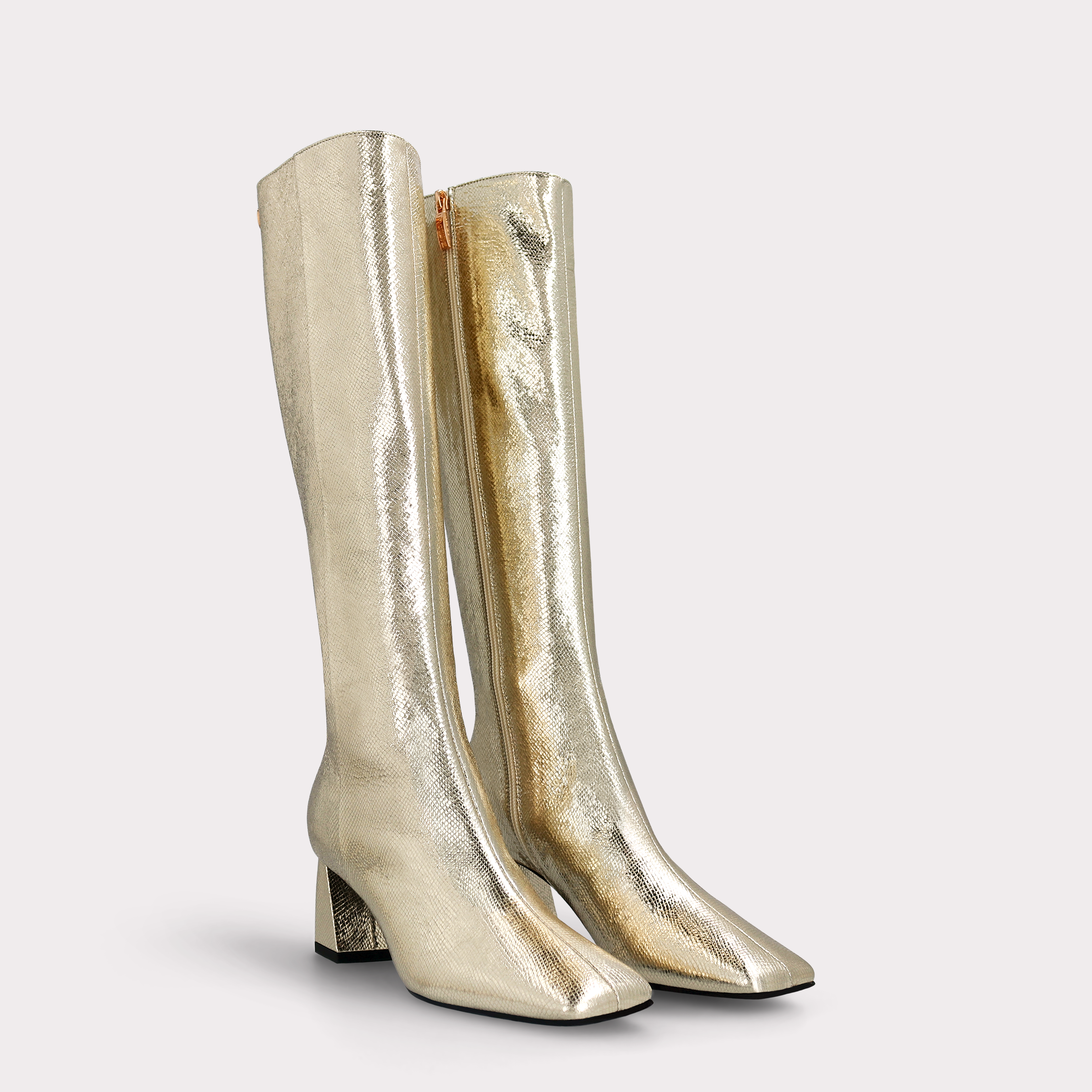 GENNY 03 LIGH GOLD CRASH VIPER MIRROR EMBOSSED LEATHER BOOTS