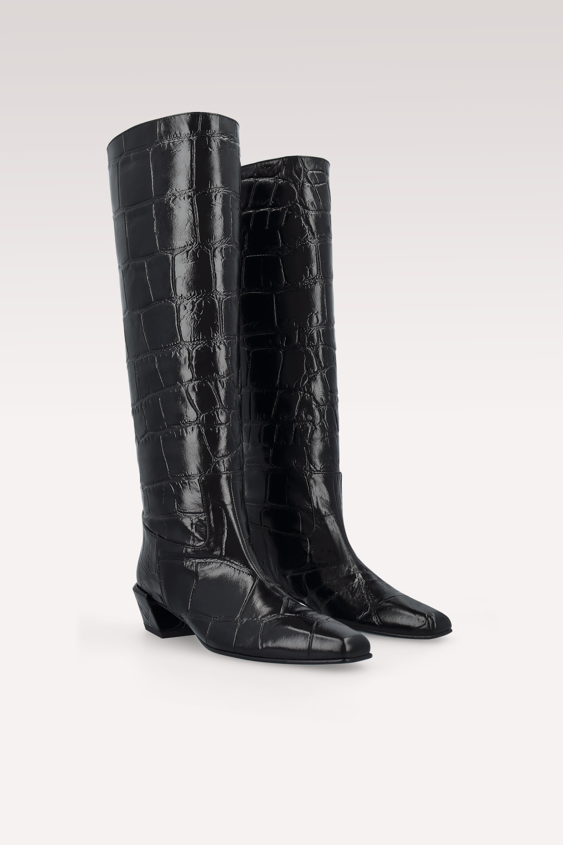 ELOISE BLACK COCCO EMBOSSED LEATHER BOOTS
