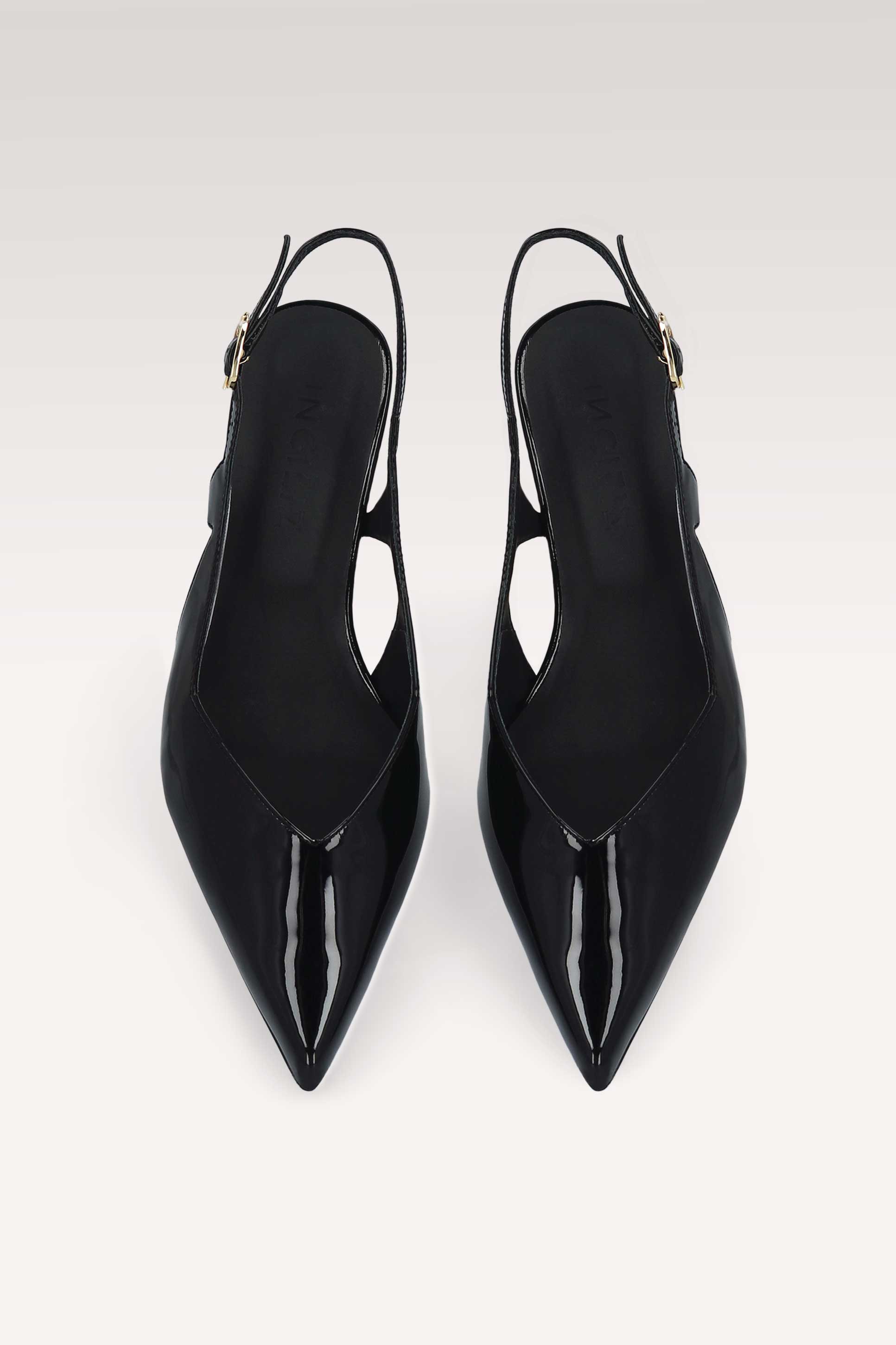 ORCHID BLACK PATENT LEATHER SLINGBACK PUMPS