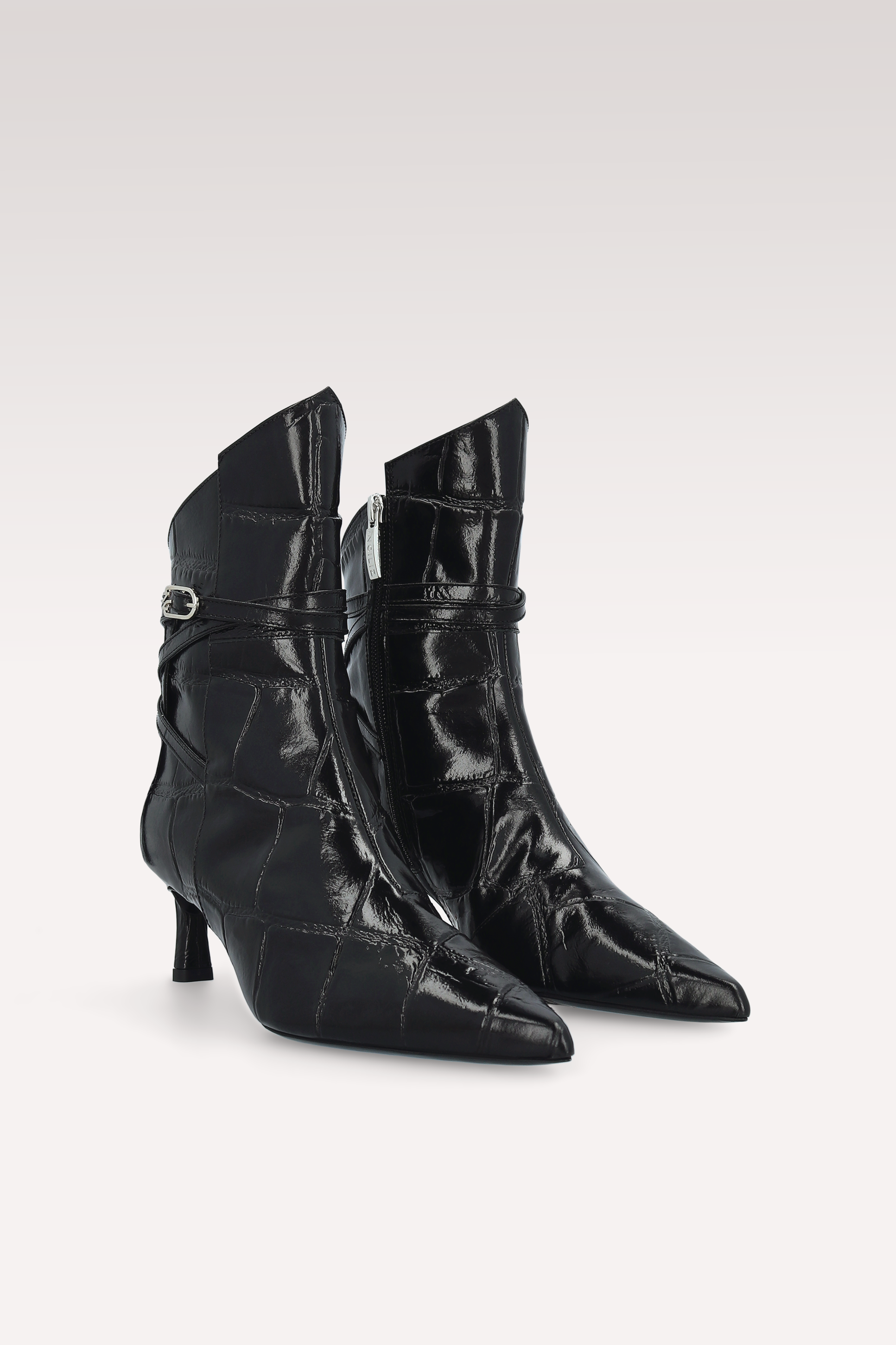 ORIANA BLACK COCCO EMBOSSED LEATHER ANKLE BOOTS