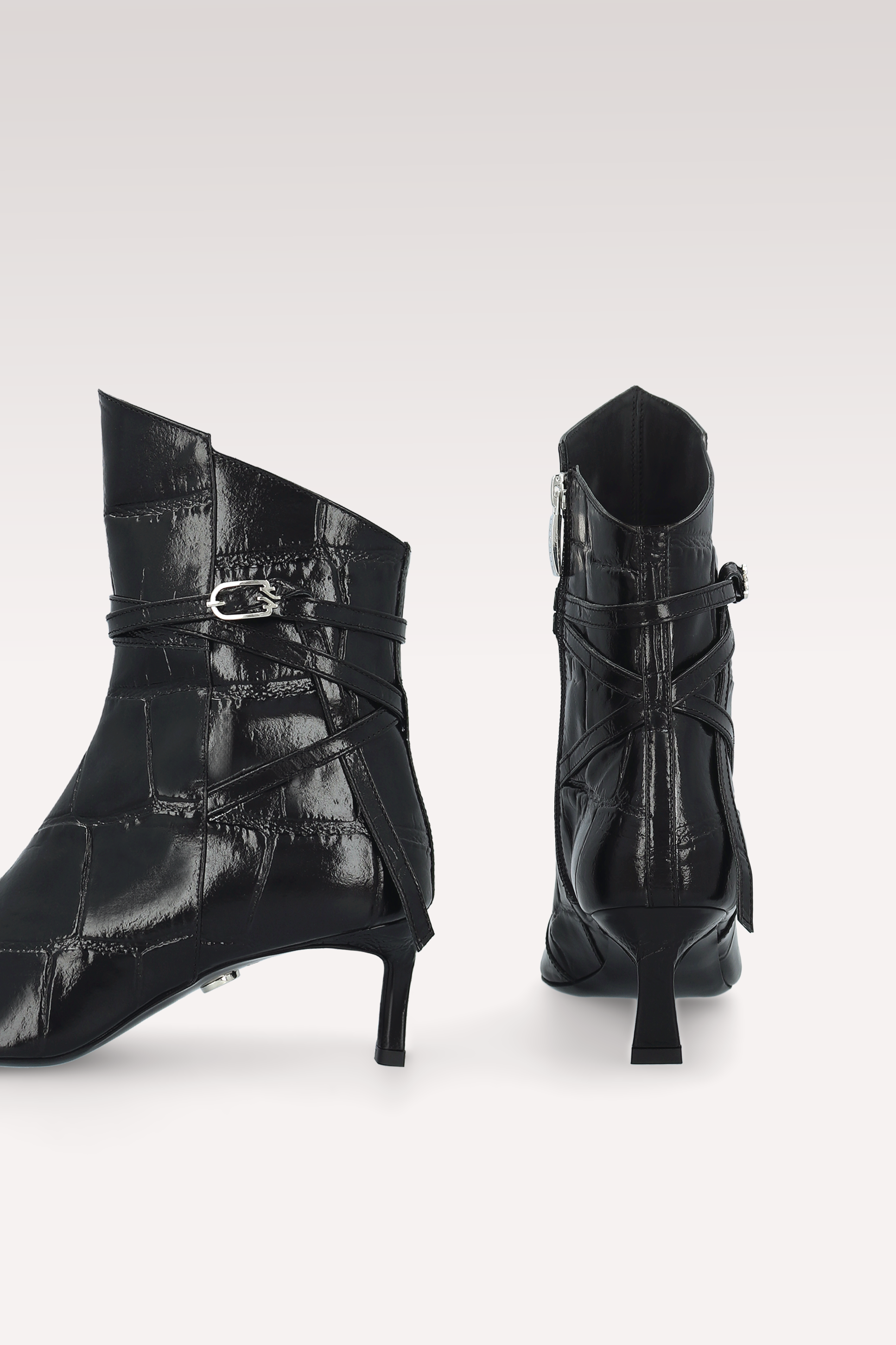 ORIANA BLACK COCCO EMBOSSED LEATHER ANKLE BOOTS
