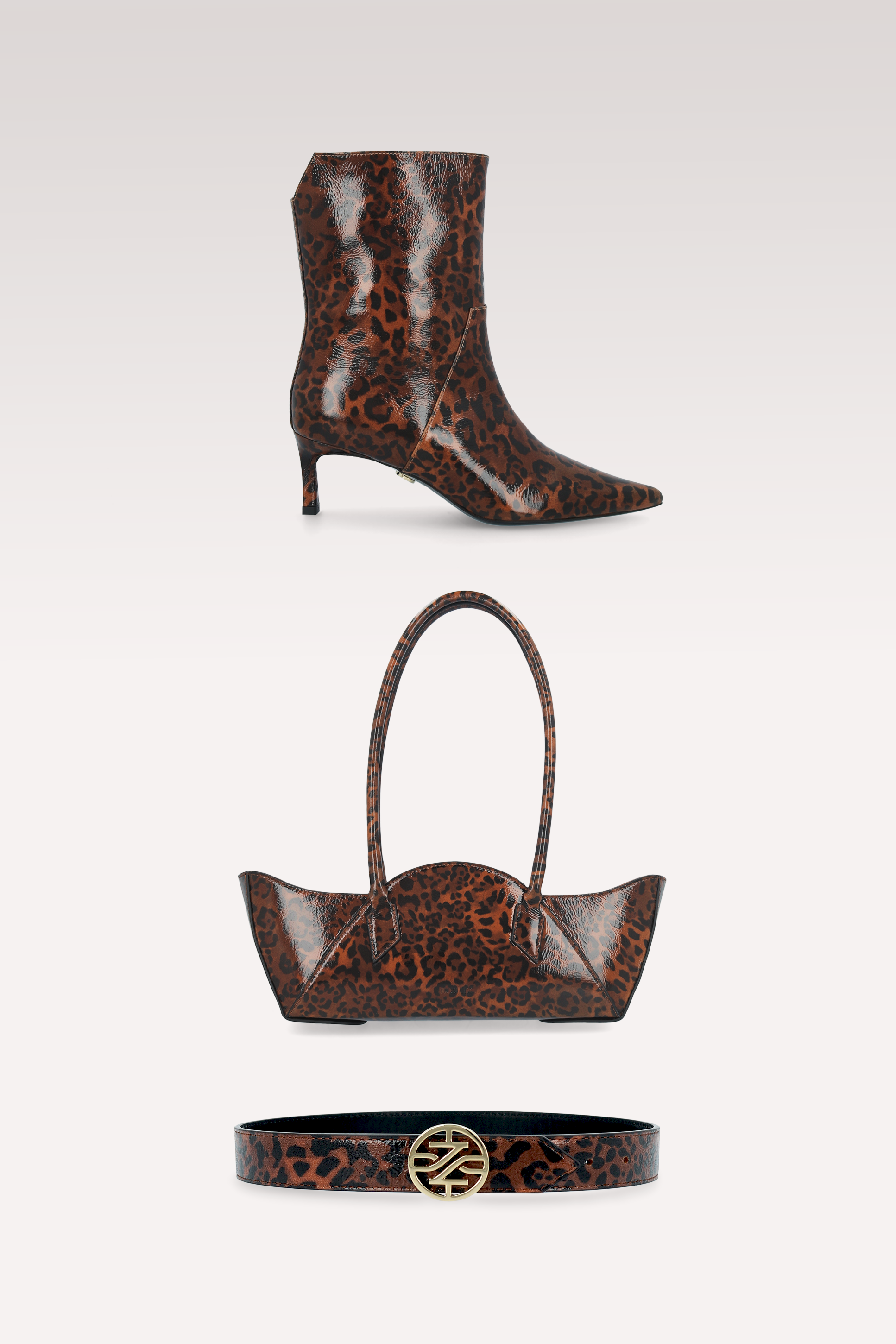 ODETTE BROWN LEOPARD PRINT LEATHER ANKLE BOOTS, DAISY SHOULDER BAG AND KENNIE BELT