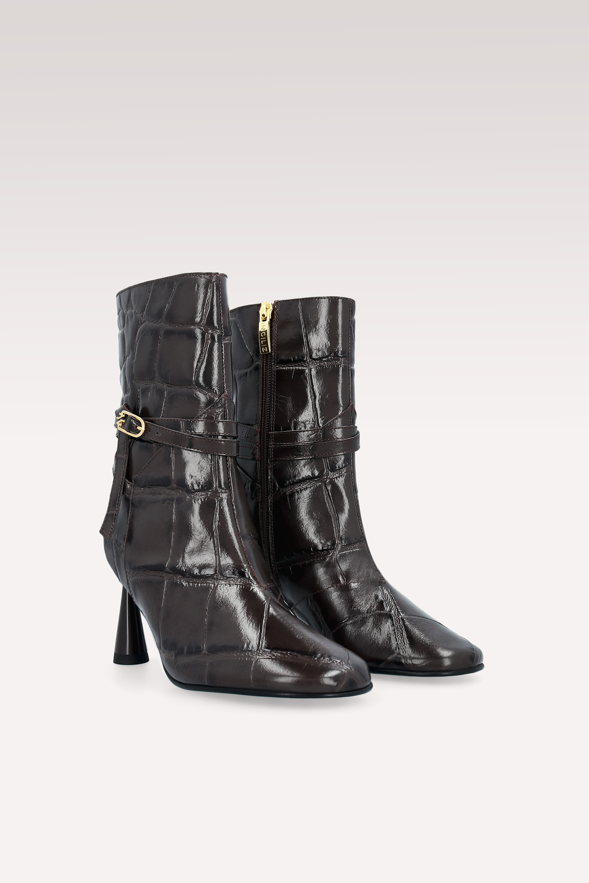 ZELDA BROWN COCCO EMBOSSED LEATHER ANKLE BOOTS