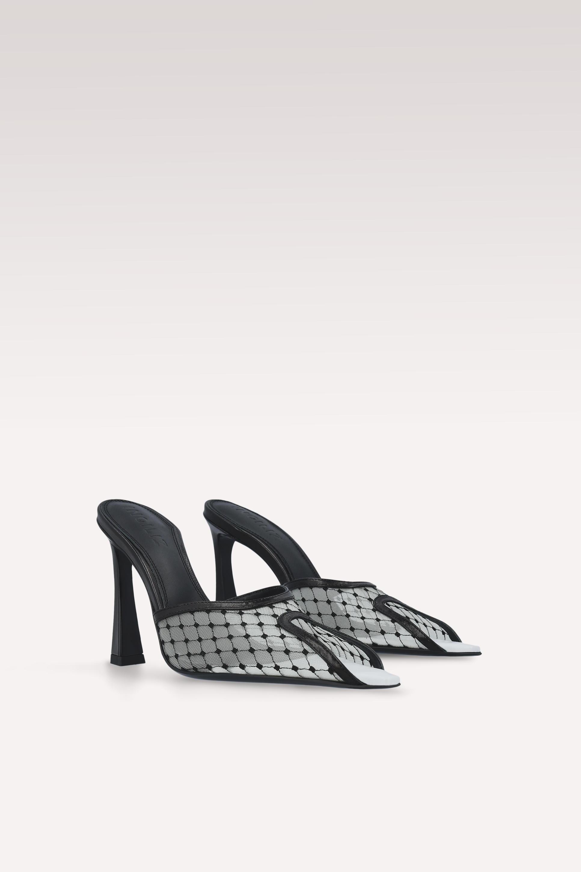 VELLORA BLACK AND WHITE LEATHER AND MESH MULES
