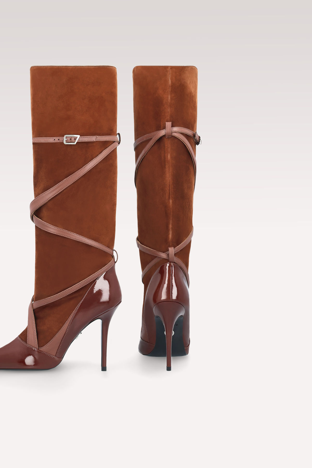 ATLAS CHOCOLATE BROWN PATENT LEATHER, SUEDE AND NAPPA BOOTS