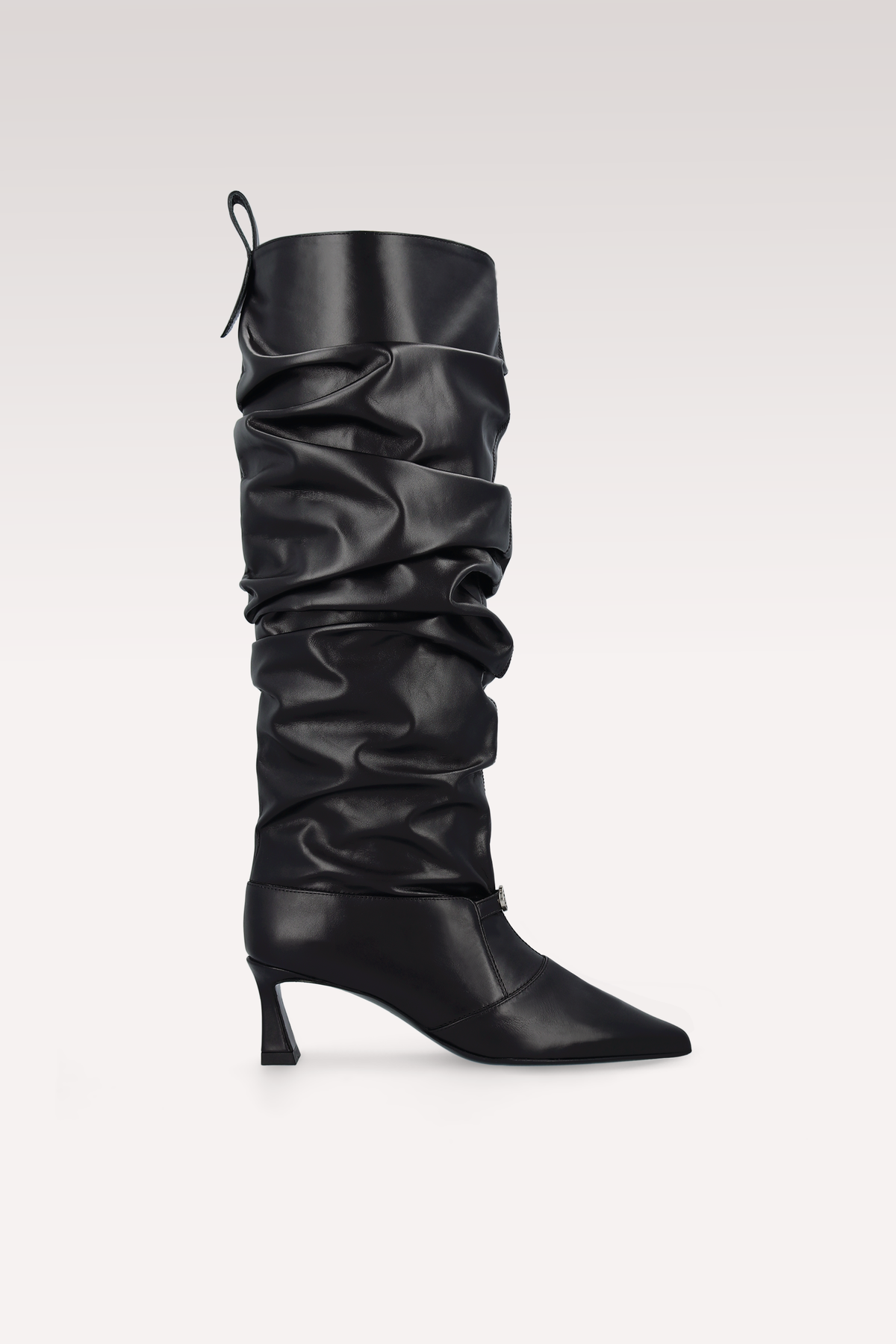 CALA RUCHED BLACK LEATHER BOOTS