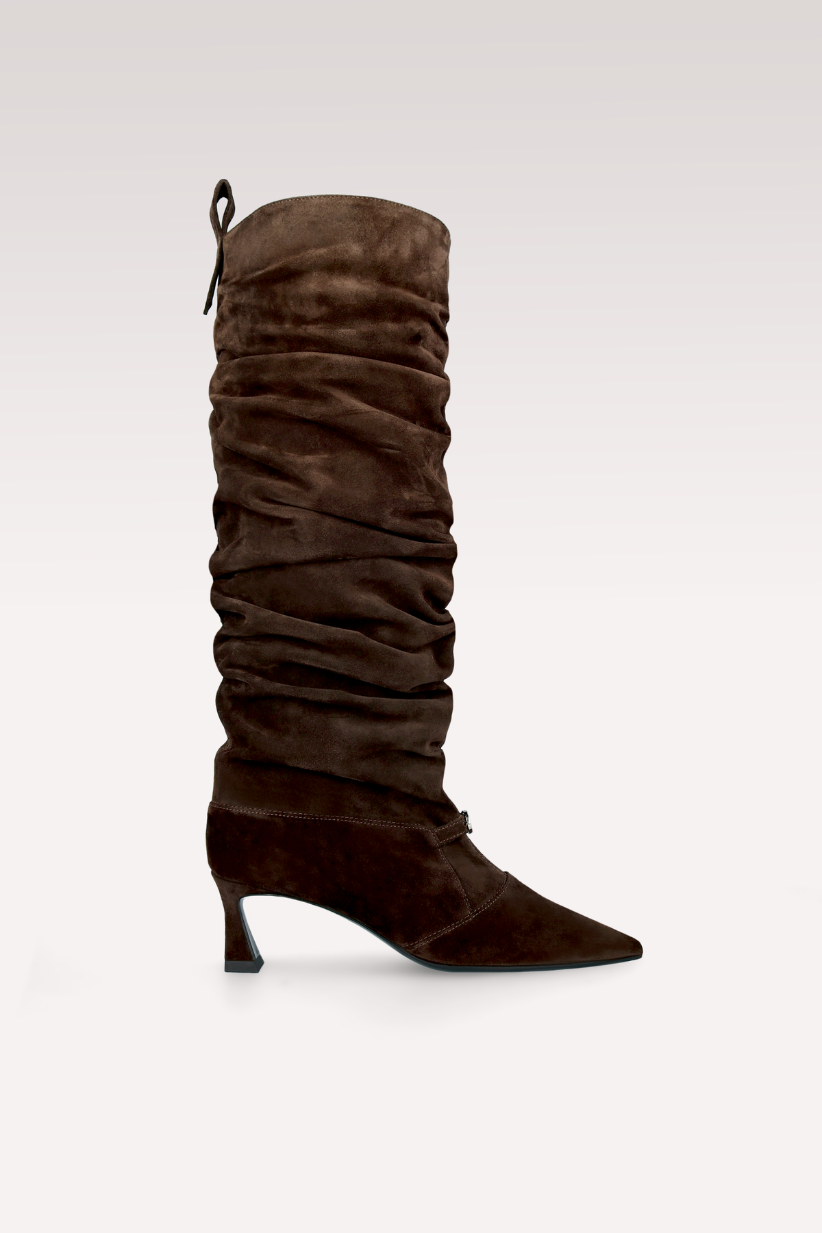 CALA RUCHED CHOCOLATE BROWN SUEDE LEATHER BOOTS