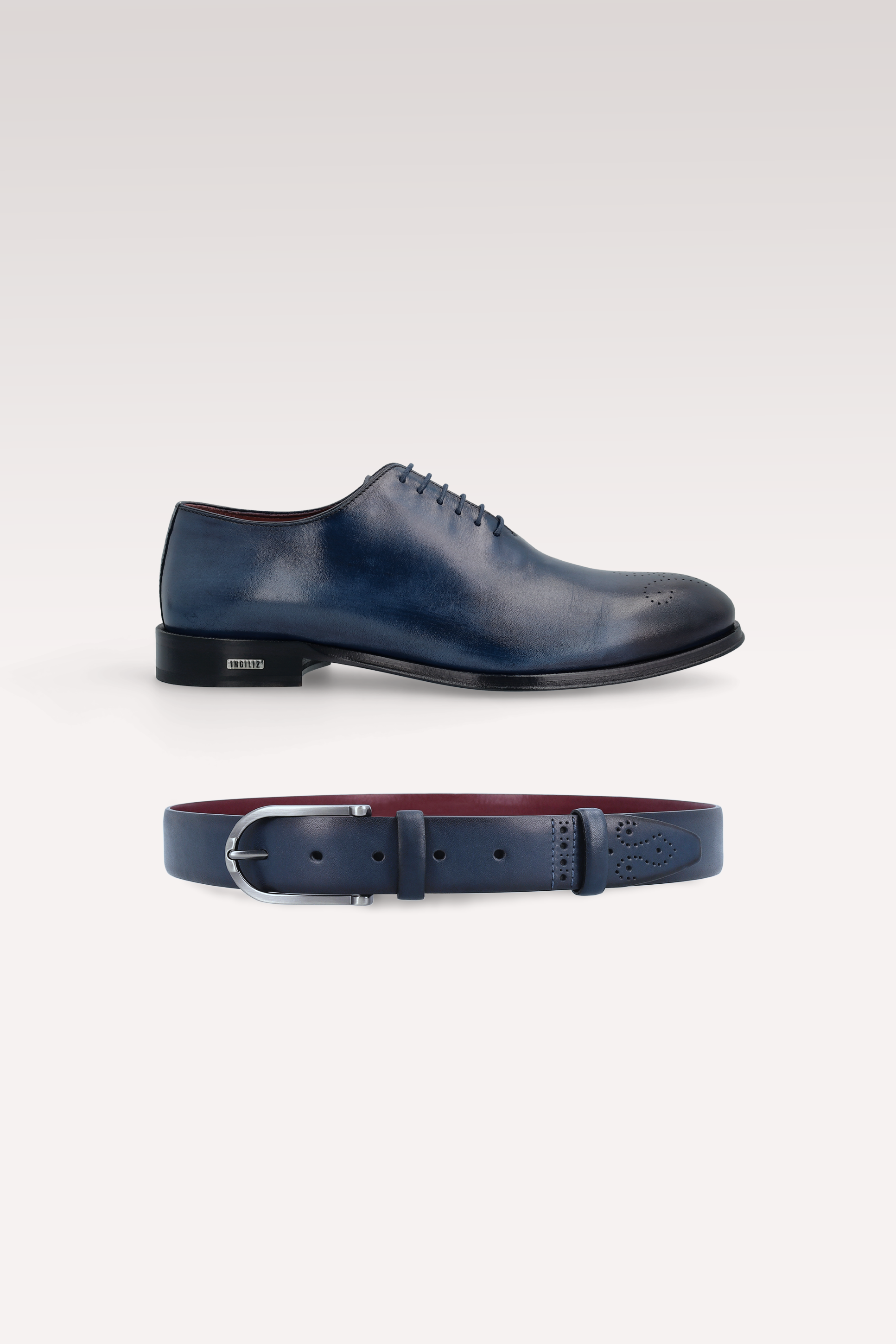 PRATO 01 DARK BLUE CALF LEATHER OXFORD SHOES AND ALEN LEATHER BELT