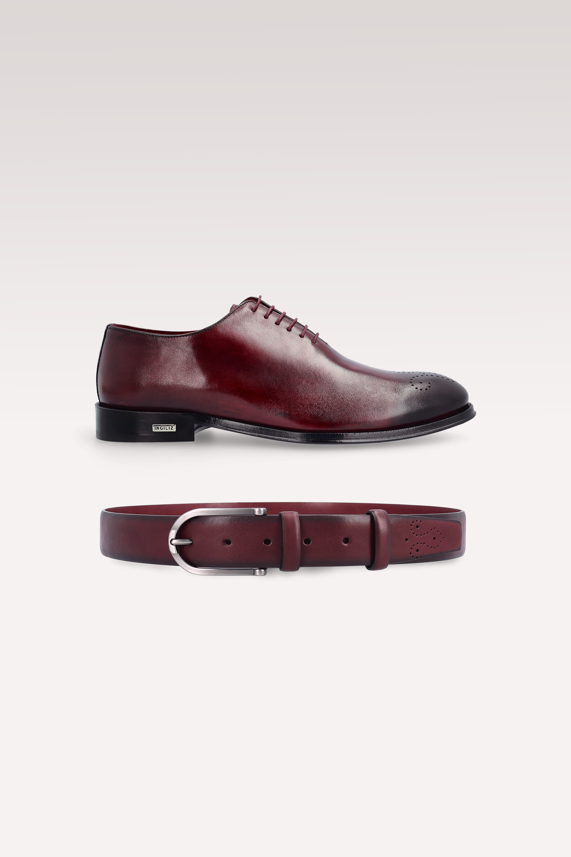 PRATO 01 BORDEAUX LEATHER OXFORD SHOES AND TOM LEATHER BELT