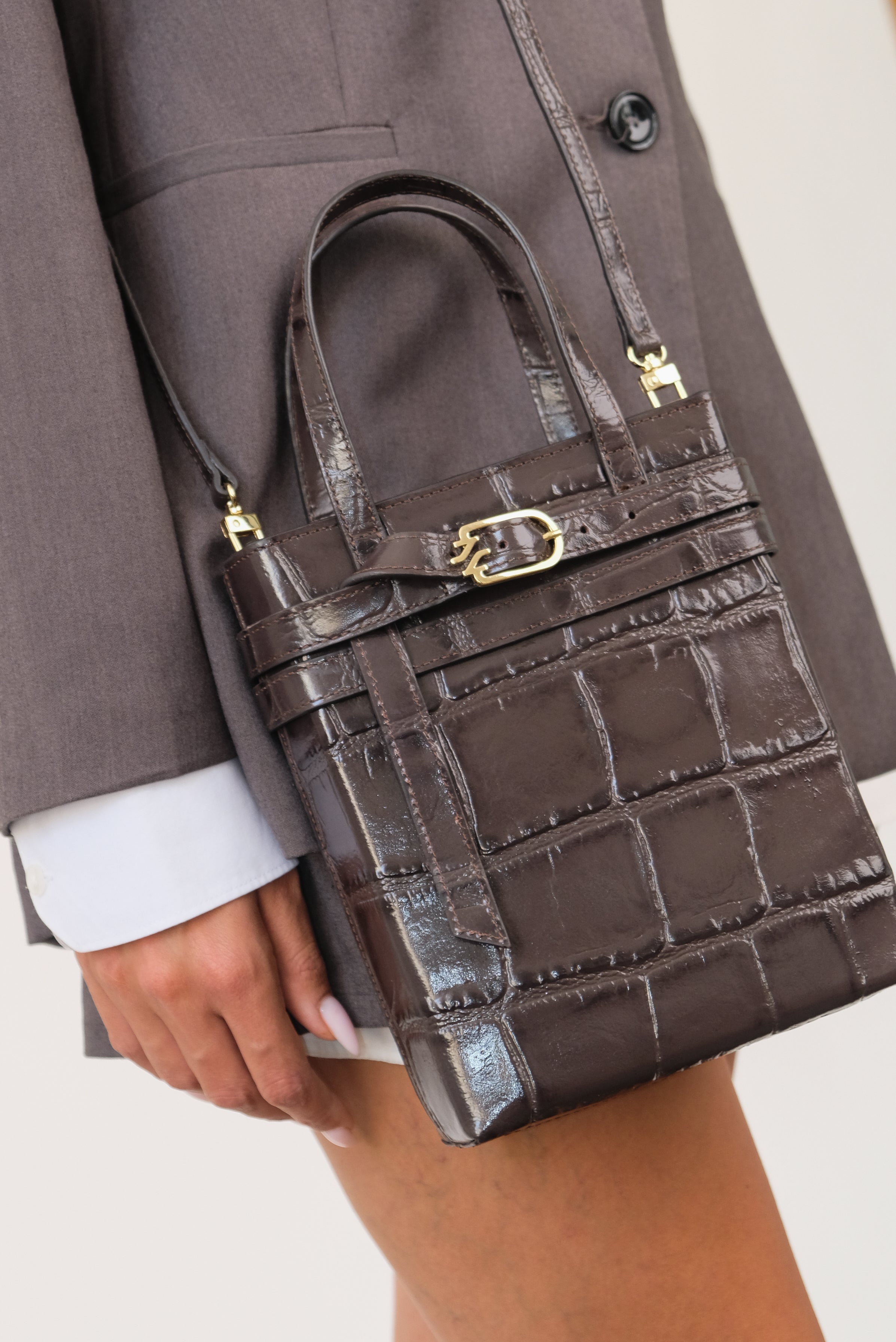 CARRIE BROWN COCCO EMBOSSED LEATHER CROSSBODY BAG