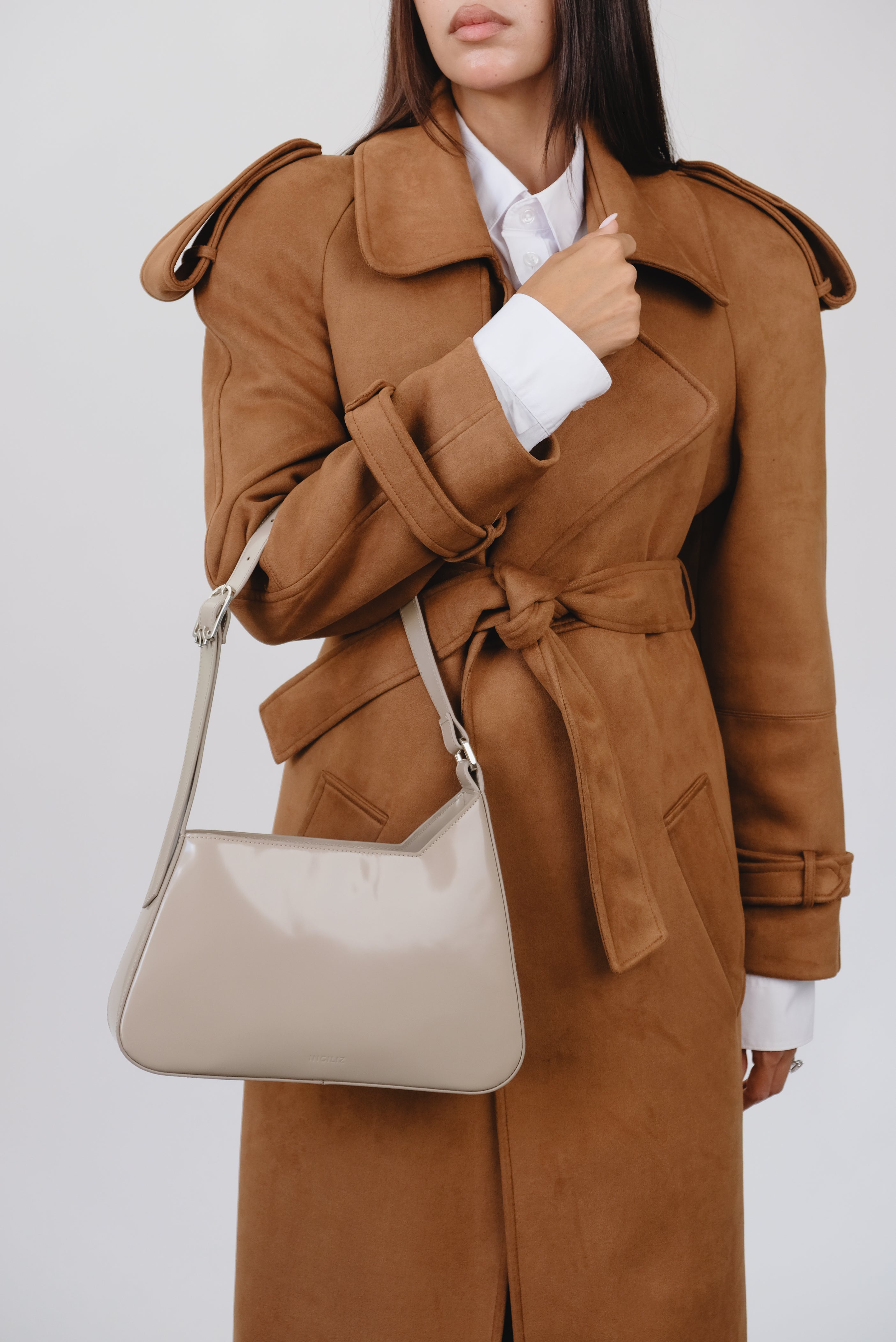 DALIA TAUPE SEMI PATENT LEATHER SHOULDER BAG