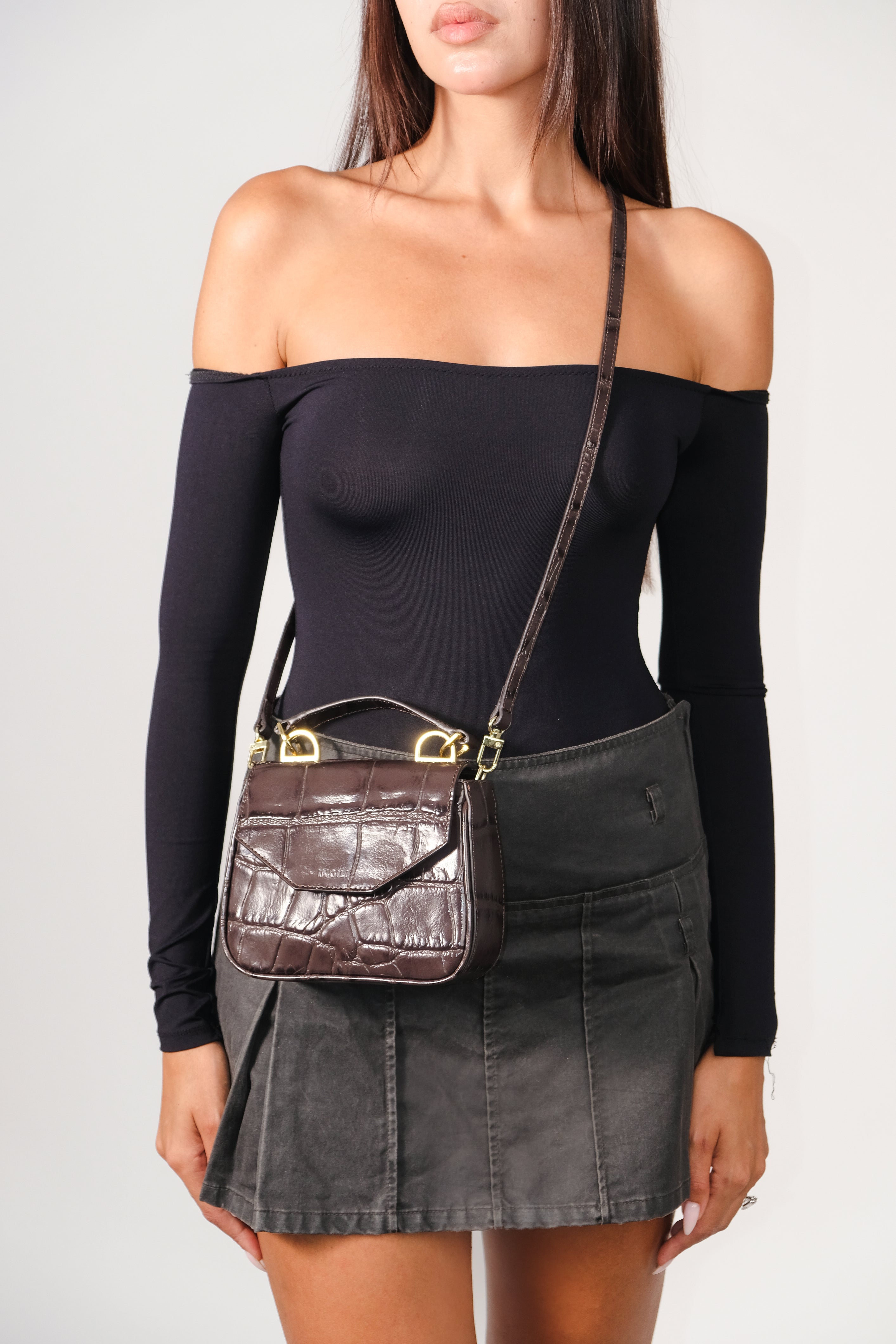 MILLY BROWN COCCO EMBOSSED LEATHER MINI BAG