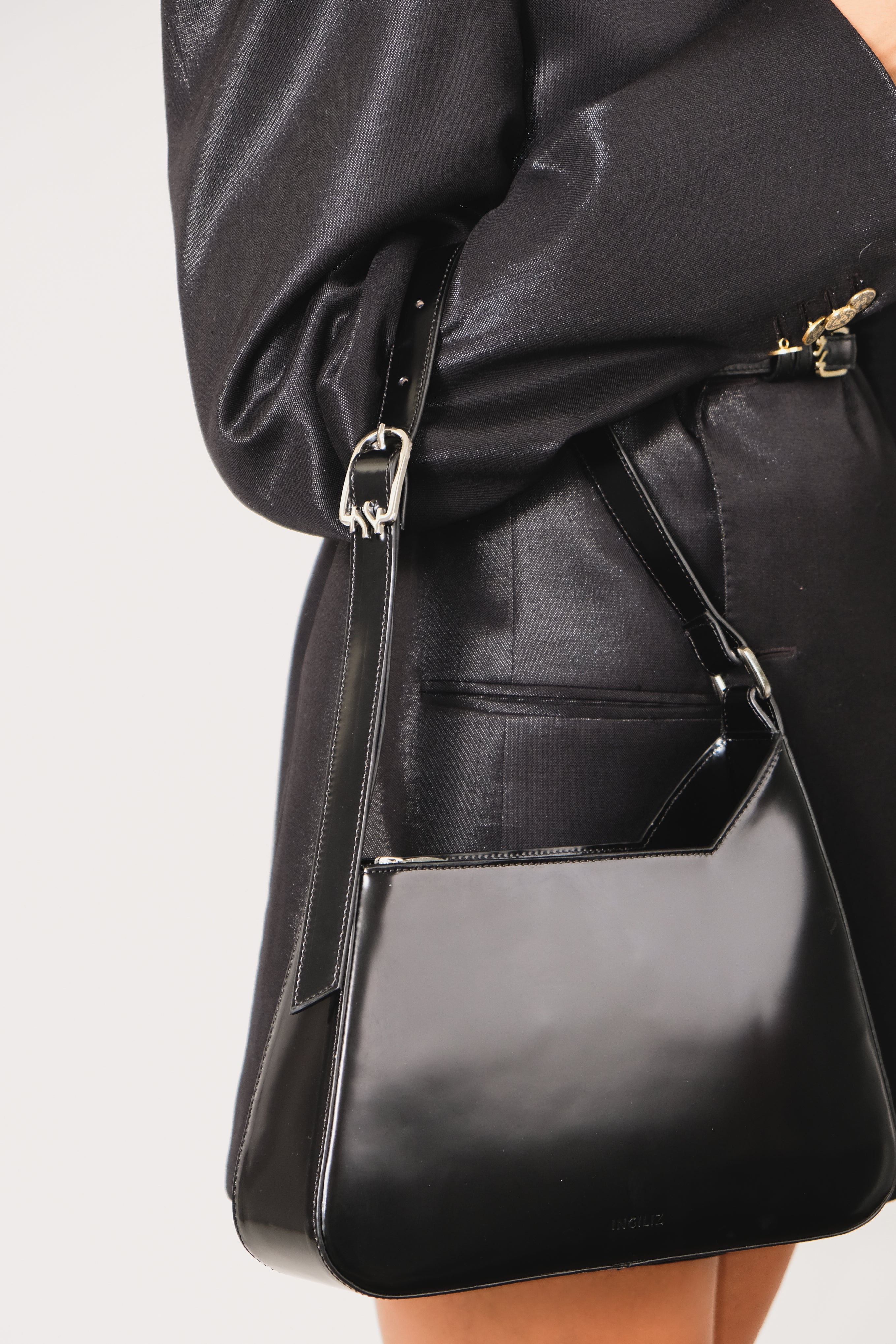 DALIA BLACK SEMI PATENT LEATHER SHOULDER BAG