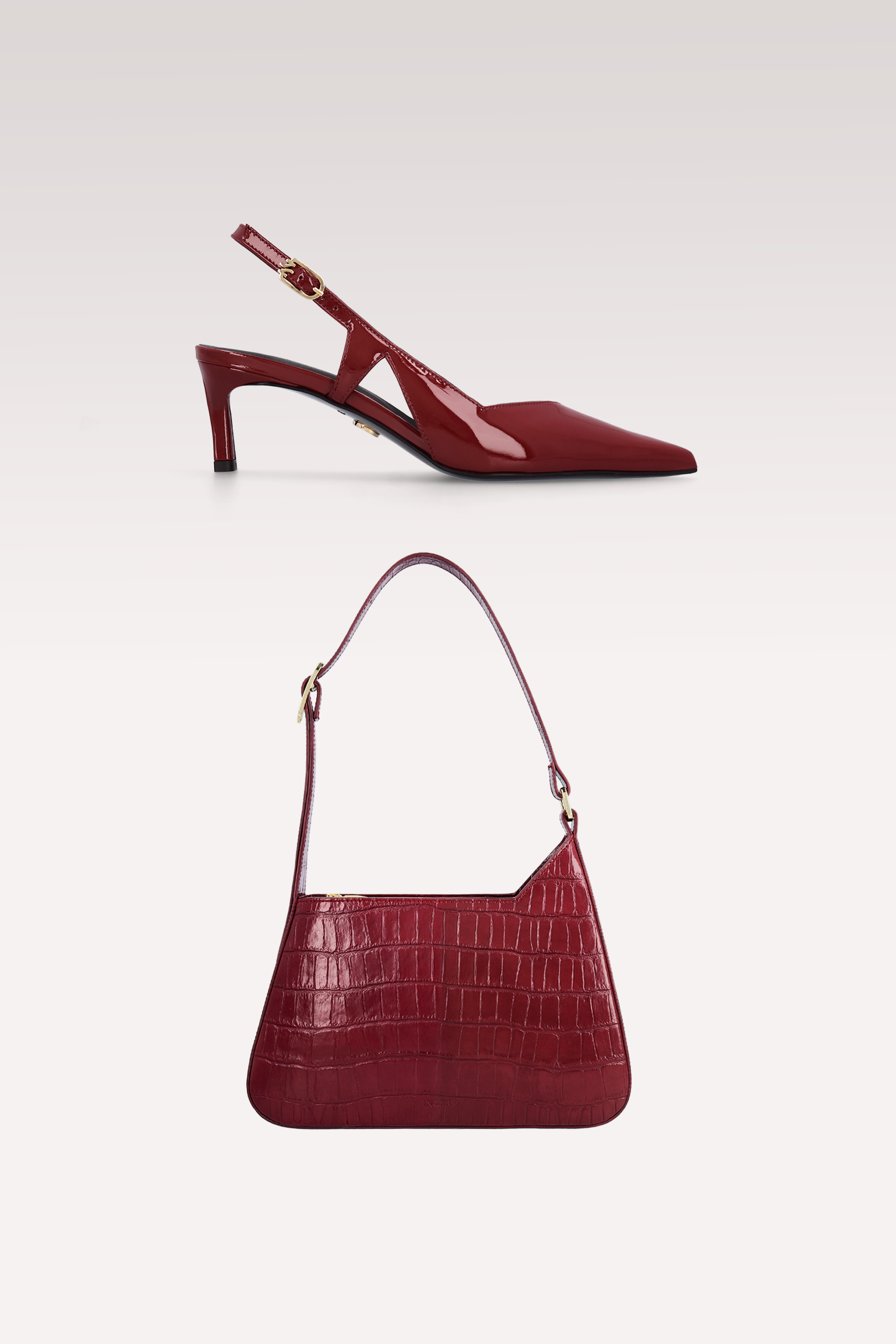 ORCHID CHERRY PATENT LEATHER SLINGBACK PUMPS AND DALIA COCCO EMBOSSED LEATHER SHOULDER BAG