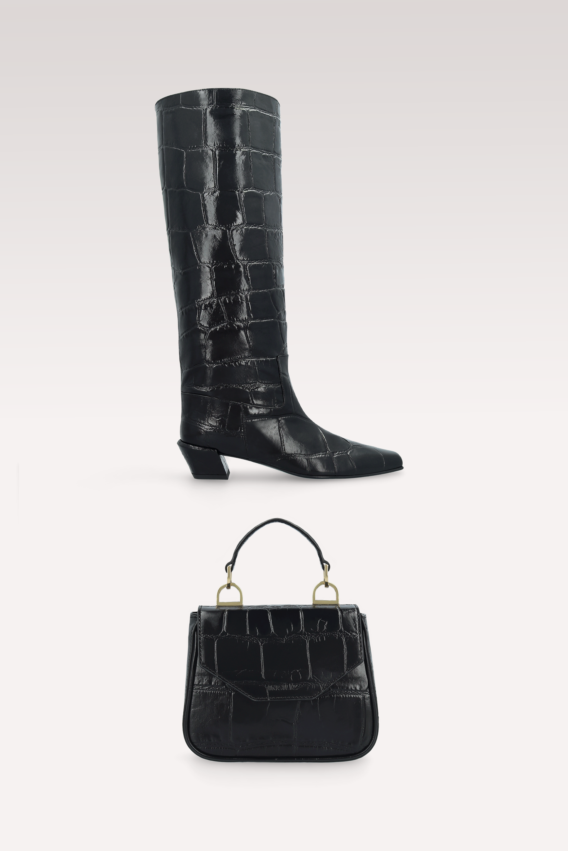 ELOISE BLACK COCCO EMBOSSED LEATHER BOOTS AND MILLY MINI BAG