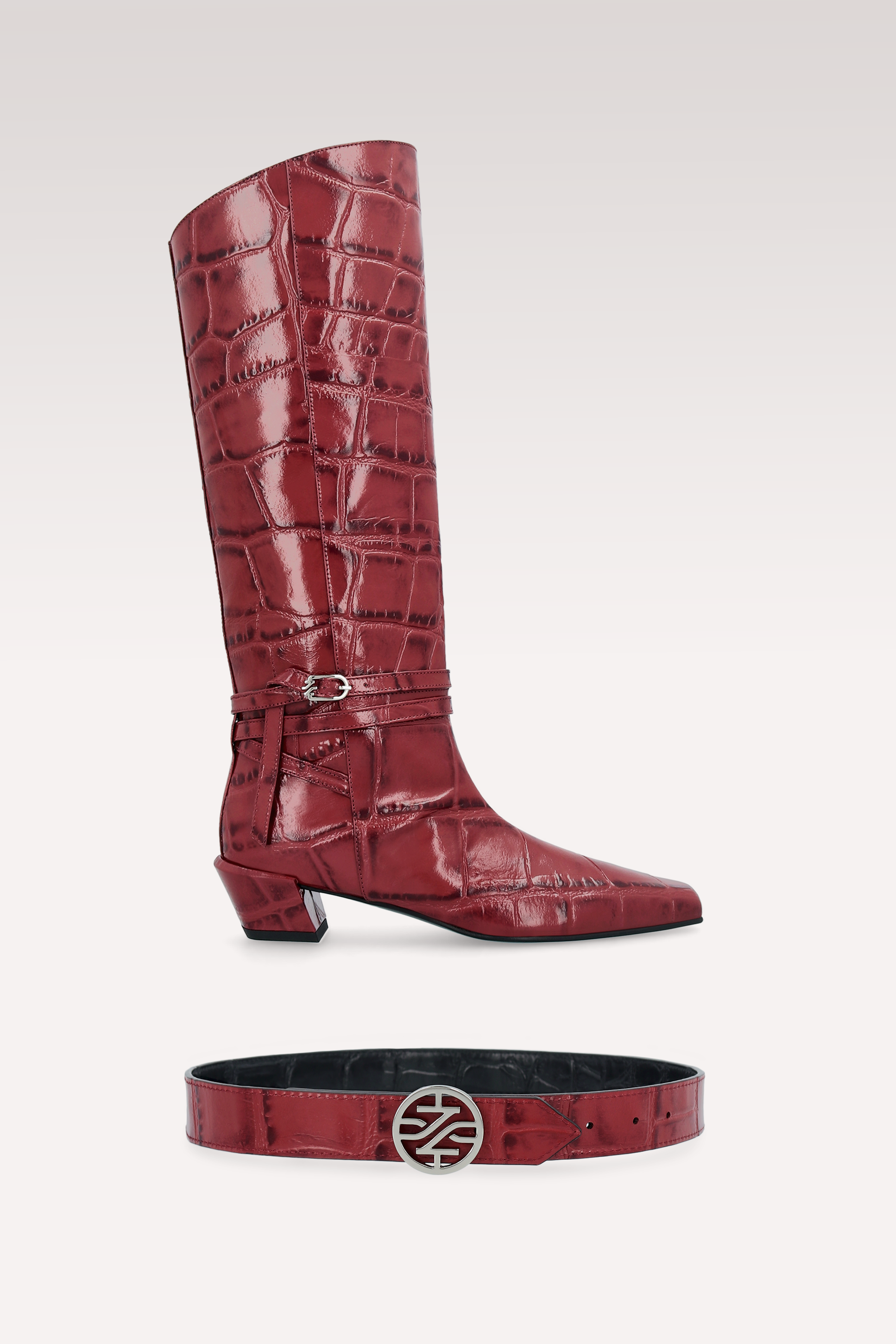 EMMA CHERRY COCCO EMBOSSED LEATHER BOOTS AND KEIRA 2 LEATHER BELT