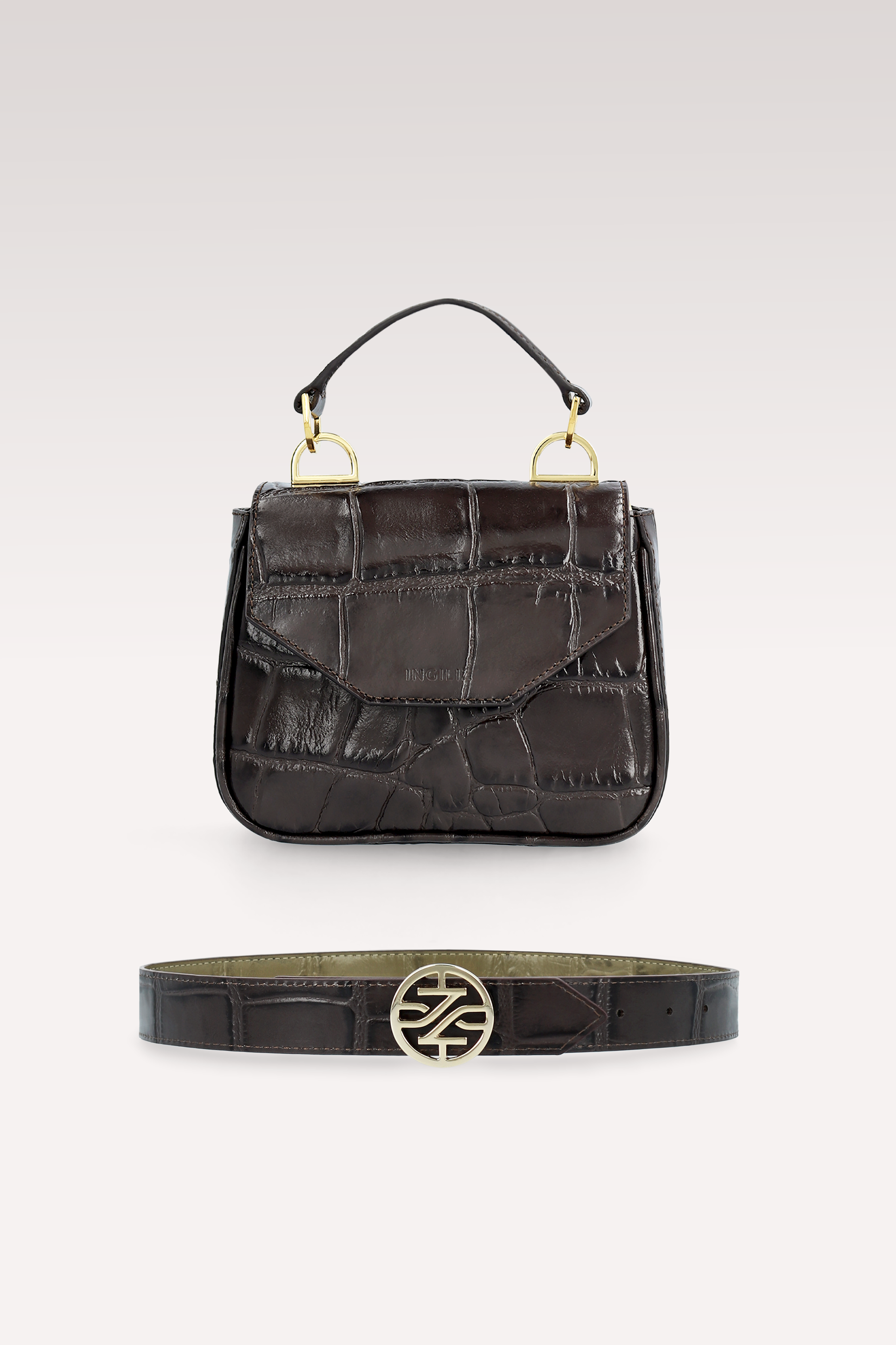 MILLY BROWN COCCO EMBOSSED LEATHER MINI BAG AND KEIRA 2 LEATHER BELT