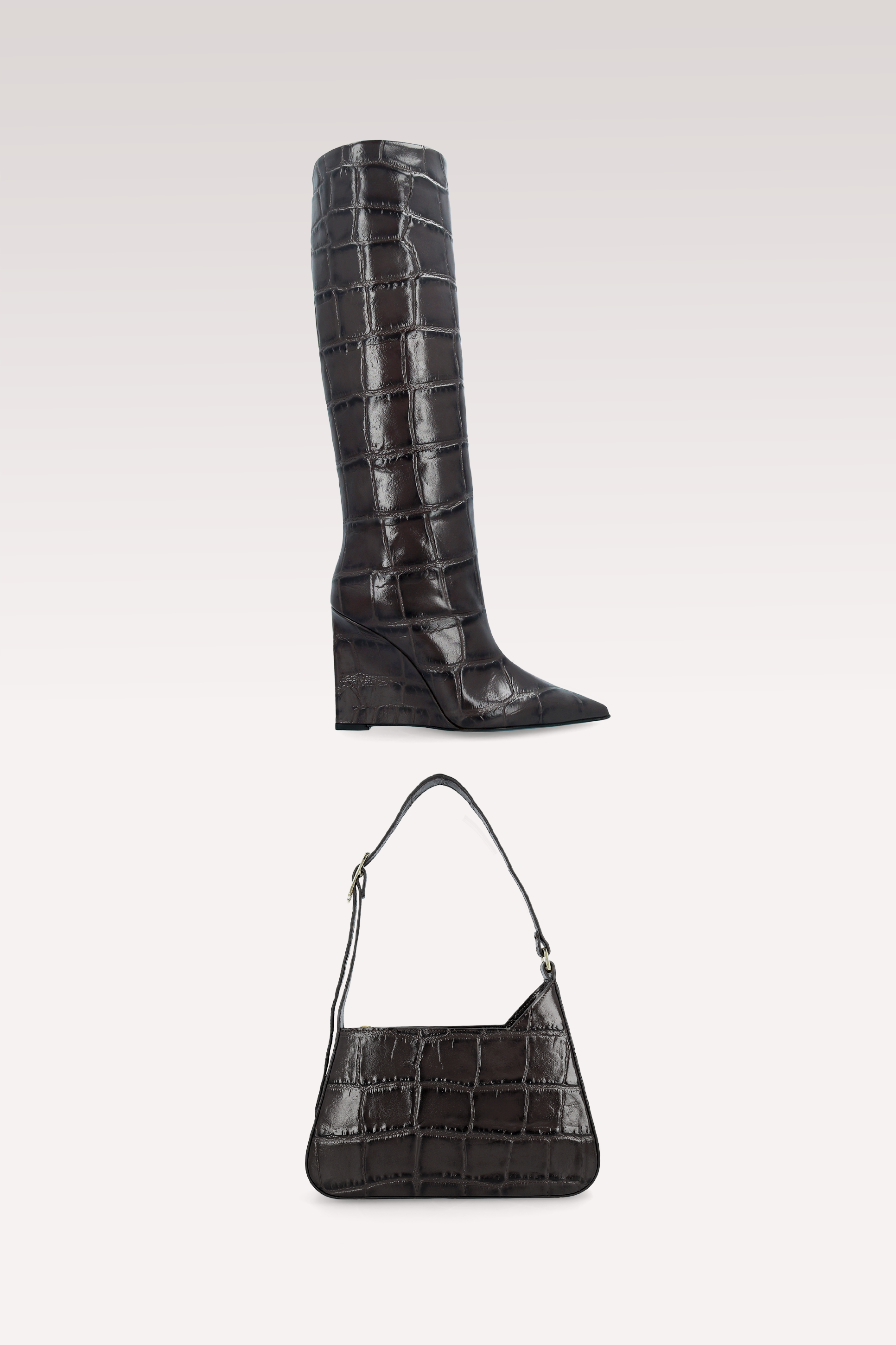 ZEUDI 02 BROWN COCCO EMBOSSED LEATHER BOOTS AND DALIA SHOULDER BAG