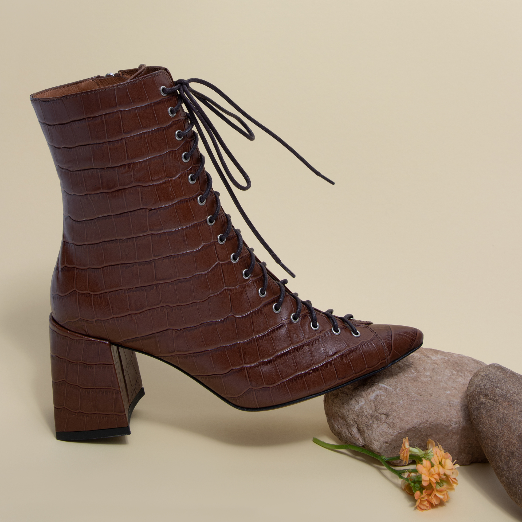 JOLIE 01 BROWN CROCO EMBOSSED LEATHER ANKLE BOOTS