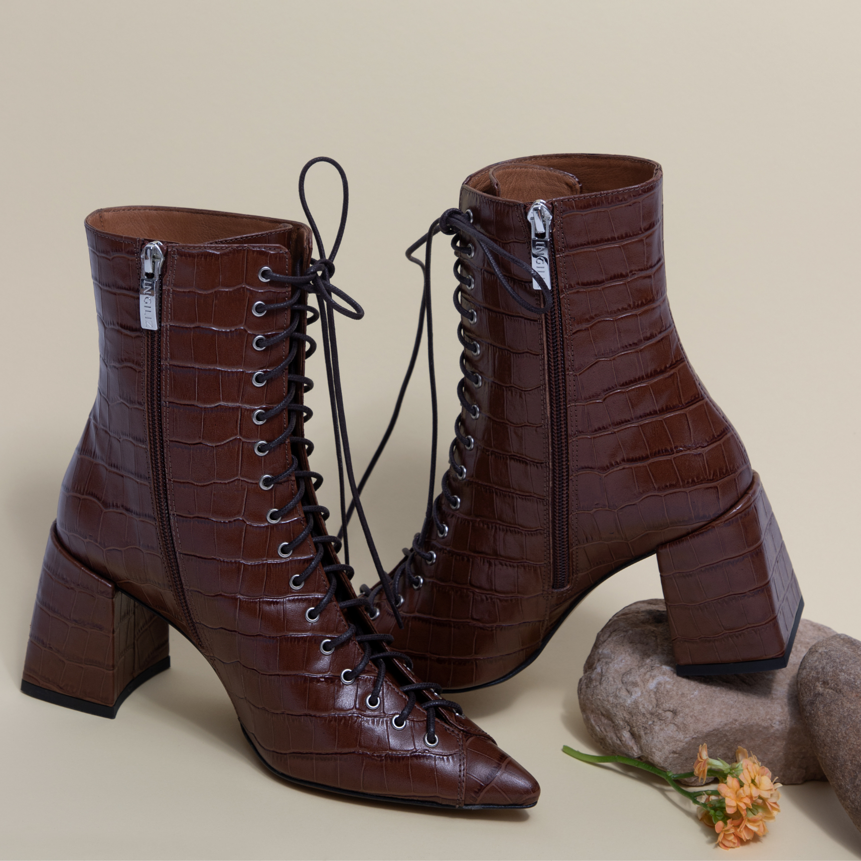 JOLIE 01 BROWN CROCO EMBOSSED LEATHER ANKLE BOOTS