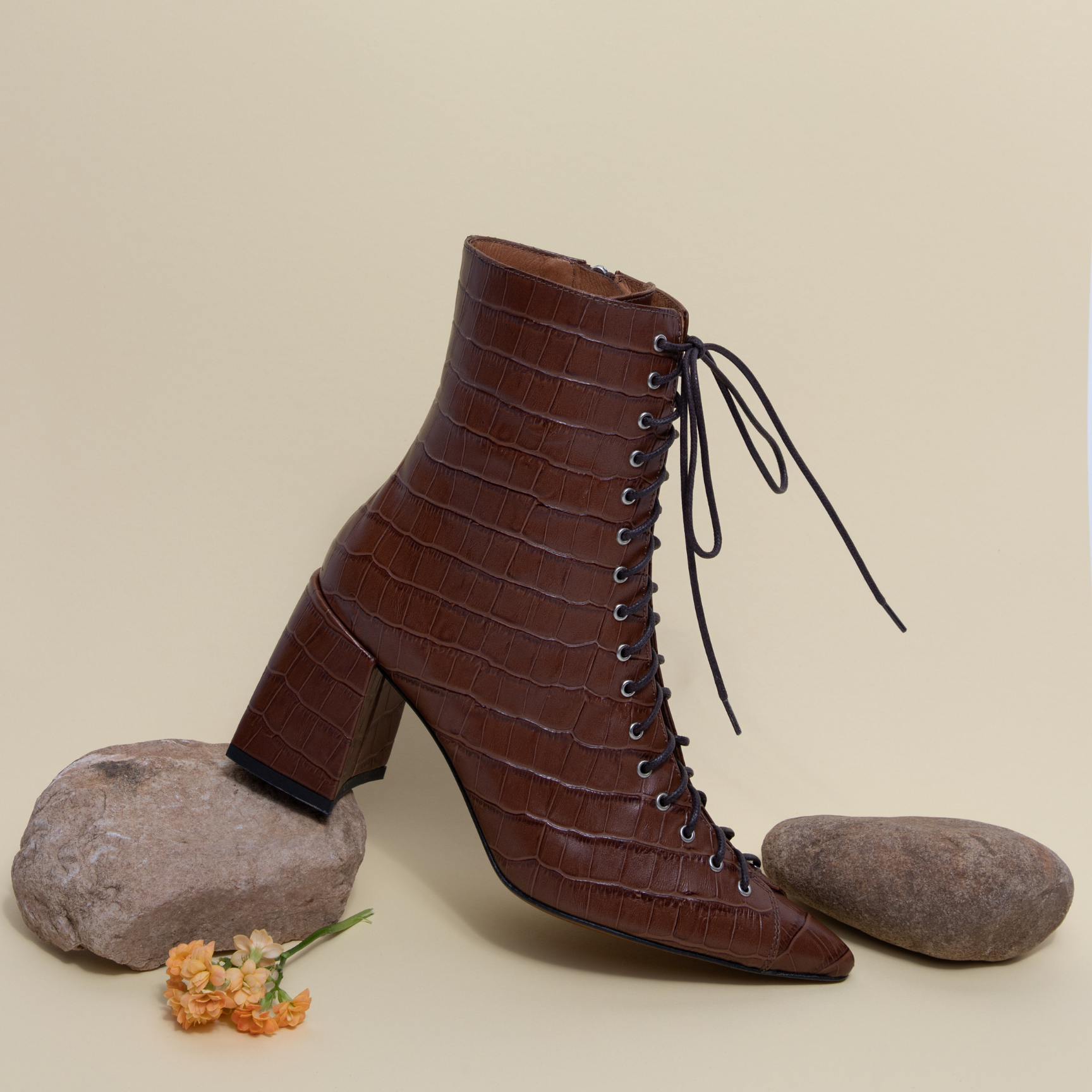 JOLIE 01 BROWN CROCO EMBOSSED LEATHER ANKLE BOOTS