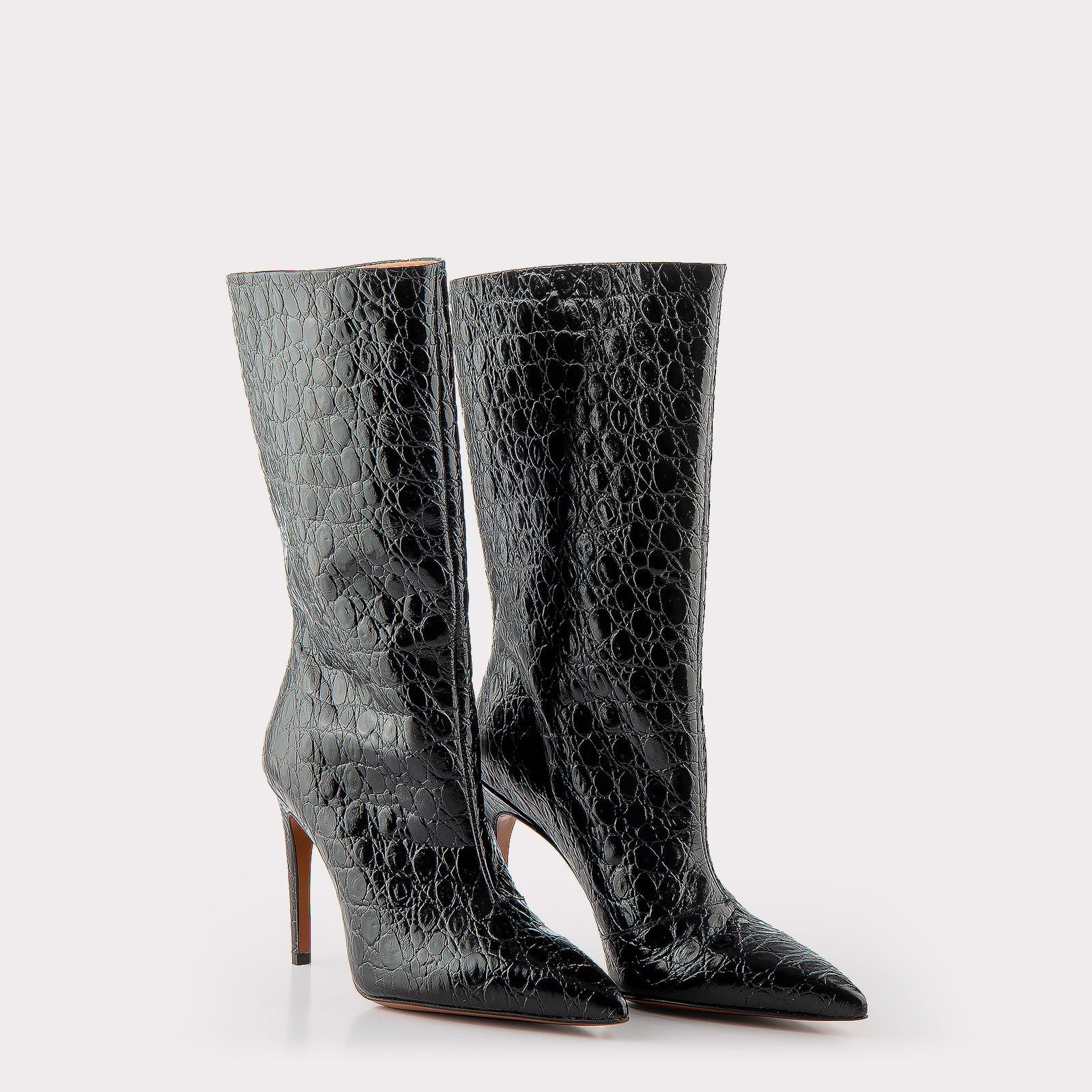 ANNIE 01 BLACK CROCO EMBOSSED LEATHER BOOTS