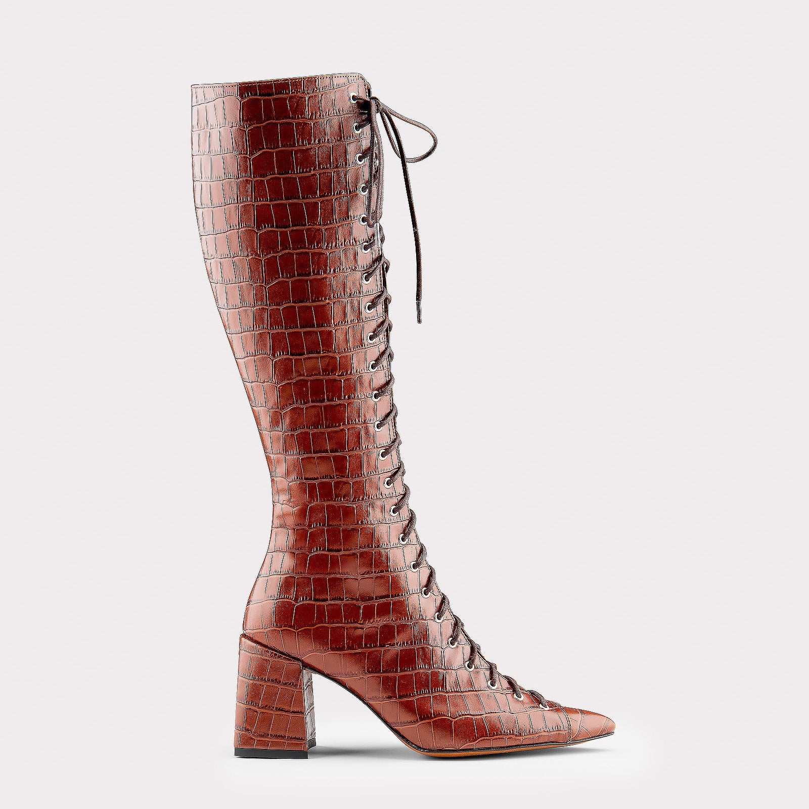 MONICA 03 BROWN CROCO EMBOSSED LEATHER BOOTS